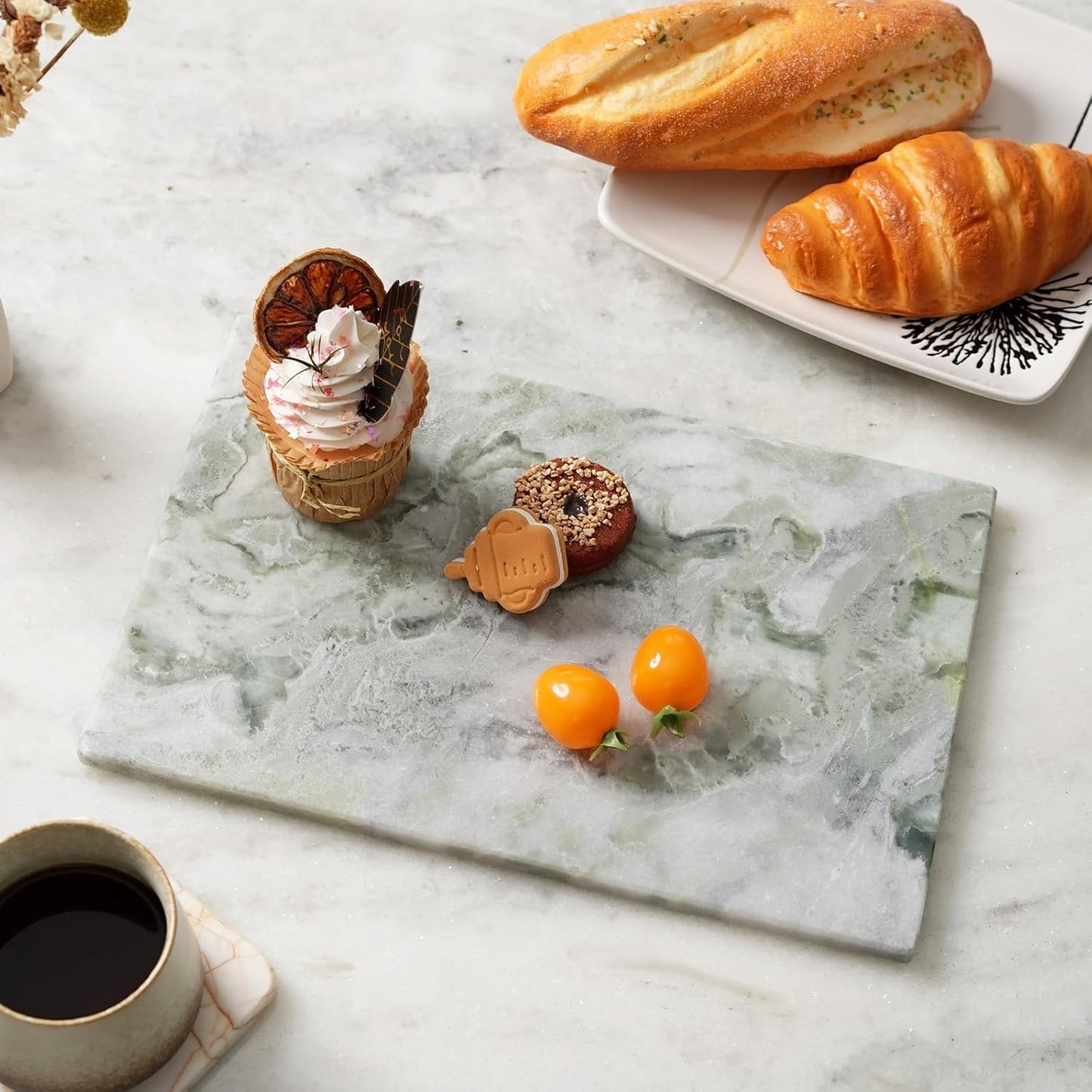 Koville Green Marble Cutting Board for Kitchen Countertop, 12" x 8" Real Marble Pastry Board Stone Slab Stone Cheese Boards for Home Decor, Bathroom Perfume Tray Candle Plate(Bianco Palomino)