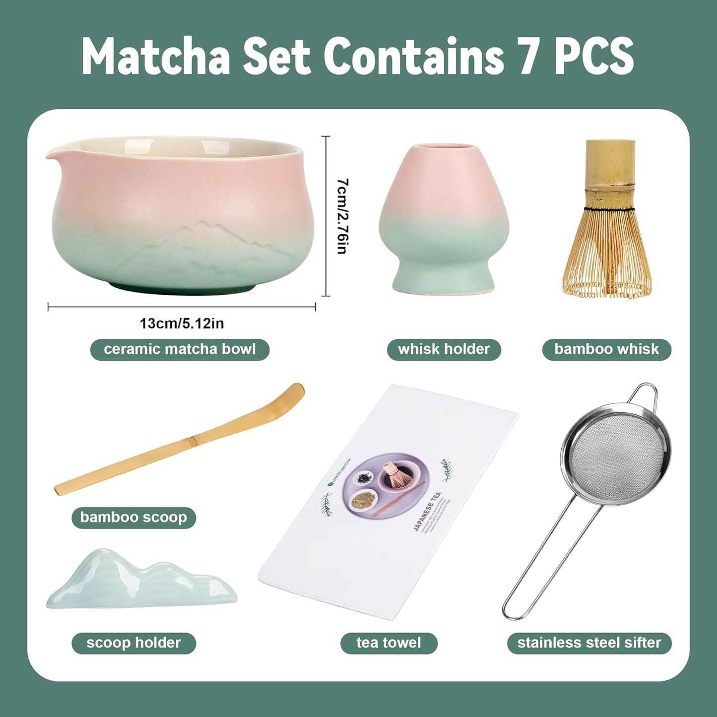 Matcha Whisk Set with Ceramic Matcha Bowl-7PCS, Matcha Kit Gifts for Tea Lovers，Gifts for Women Men Friend,Home Kitchen Decor for Christmas,Halloween