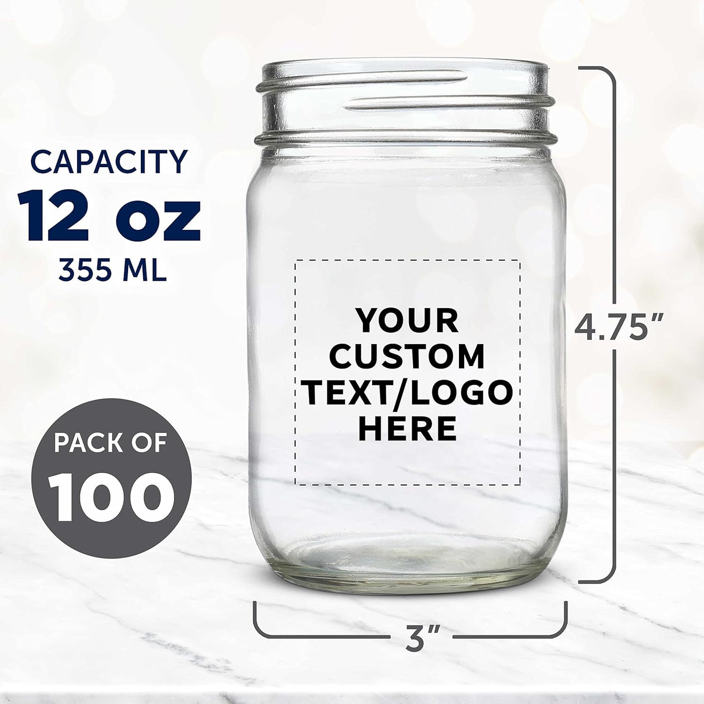 DISCOUNT PROMOS Custom Decorating Mason Jars 12 oz. Set of 100, Personalized Bulk Pack - Glass Jars for Overnight Oats, Candies, Fruits, Pickles, Spices, Beverages - Clear