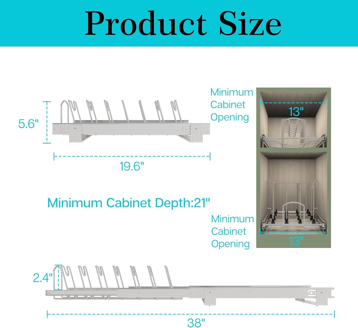 Slide Out Pan and Pot Lid Organizer For Under Cabinet, Wire Dividers Kitchen Pull Out Pot Lid Rack Organization And Storage, Full-Extension Rail, 12" W X 20" D