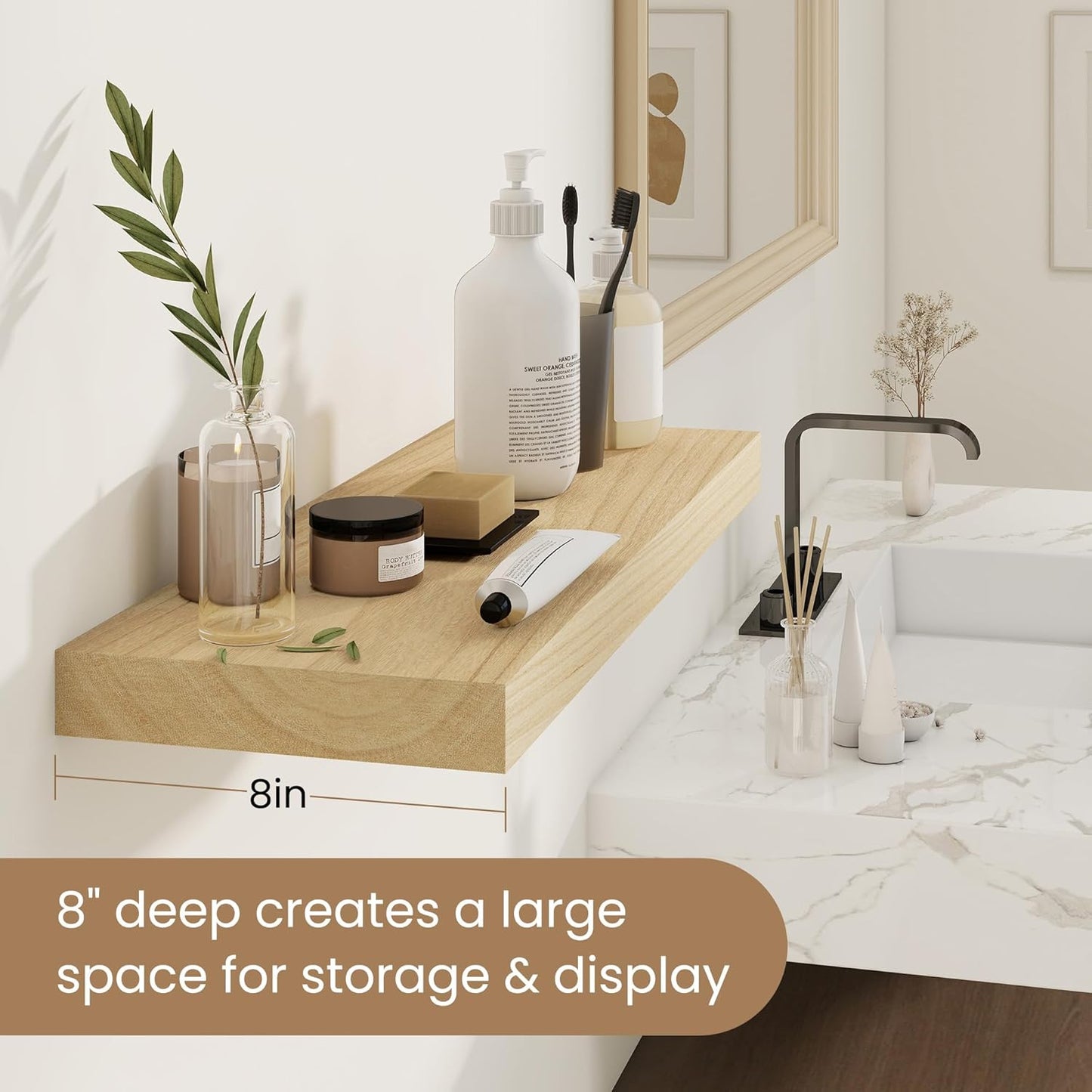 Fun Memories Rustic Real Wood Floating Shelves, 8 Inch Deep Floating Shelf Wall Mounted, 48" W x 8" D Wall Shelves Storage Shelves for Living Room, Bedroom, Bathroom, Burlywood, Set of 1