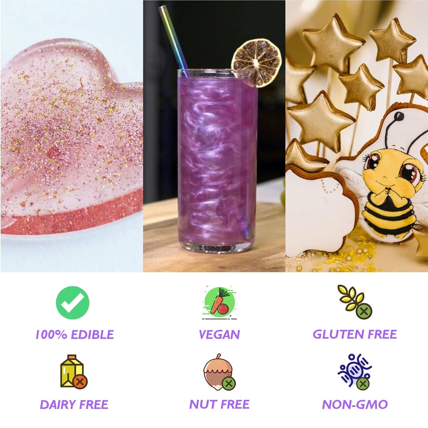 Edible Glitter - 10 Colors Luster Dust Edible Set for Drinks, Food Grade Edible Glitter Dust for Cake Decorating, Cocktail, Fondant, Strawberries, Candy, Cookie, Chocolate. Vegan and Gluten Free - 4g/bottle