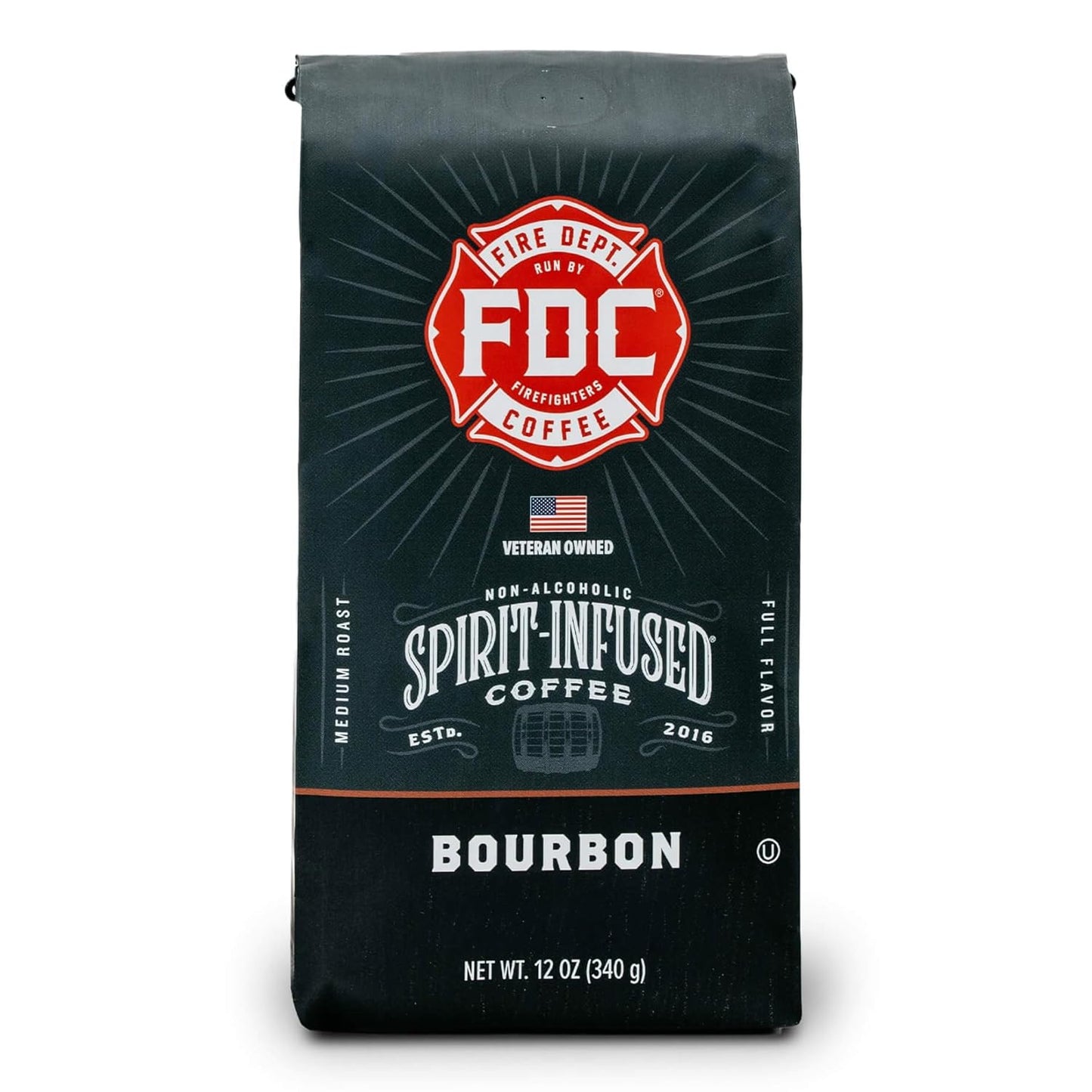 Fire Department Coffee - Bourbon Coffee - Gives Back to Firefighters - Premium Bourbon Infused Grounds - Medium Roast - Non-Alcoholic - Roasted in the USA - Veteran Owned - 12 oz