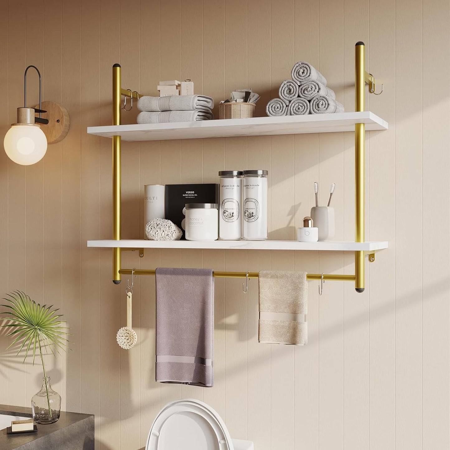 Bestier Floating Shelving 31" Kitchen Wall - Mounted Shelf with Towel Bar Hooks Coffee Bar Shelf Wine Hanging Display Rack Bookshelf Living Room Decor Bathroom - White Marble