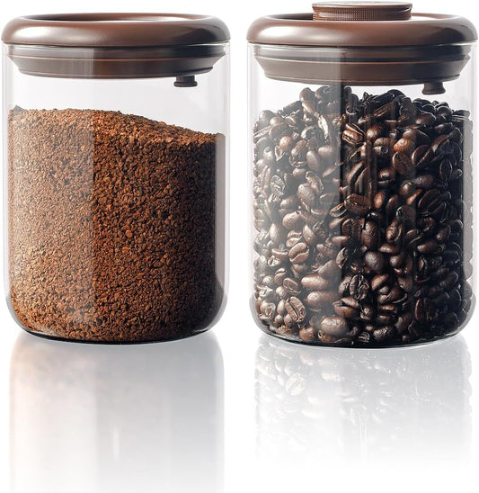 Glass Coffee Container - 900ml x 2 Pop Top Coffee Storage Airtight Canister, Large Ground Coffee Containers Coffee Jars with Lids 300g Brown