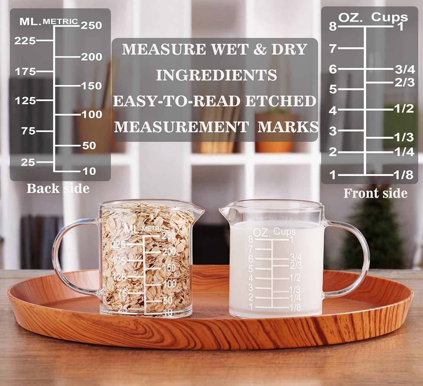 Ackers Etched Graduated Glass Measuring Cup - [Insulated Handle | V-Shaped Spout] - High Borosilicate Glass Measuring Cup for Kitchen or Dining, Easy to Read, 250ml (8oz, 1 Cup)
