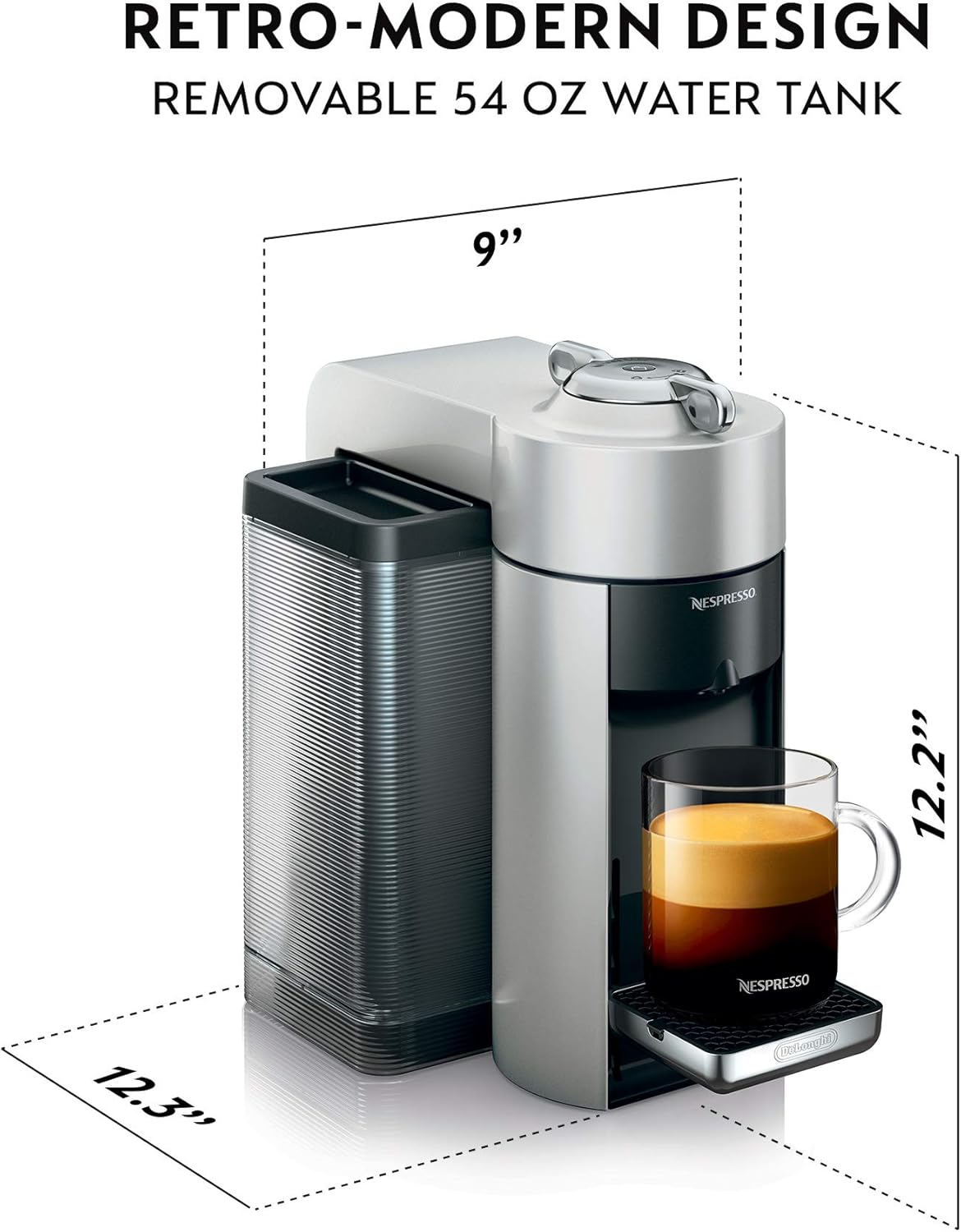 Nespresso Vertuo Coffee and Espresso Machine by De'Longhi, 1597 milliliters, Silver