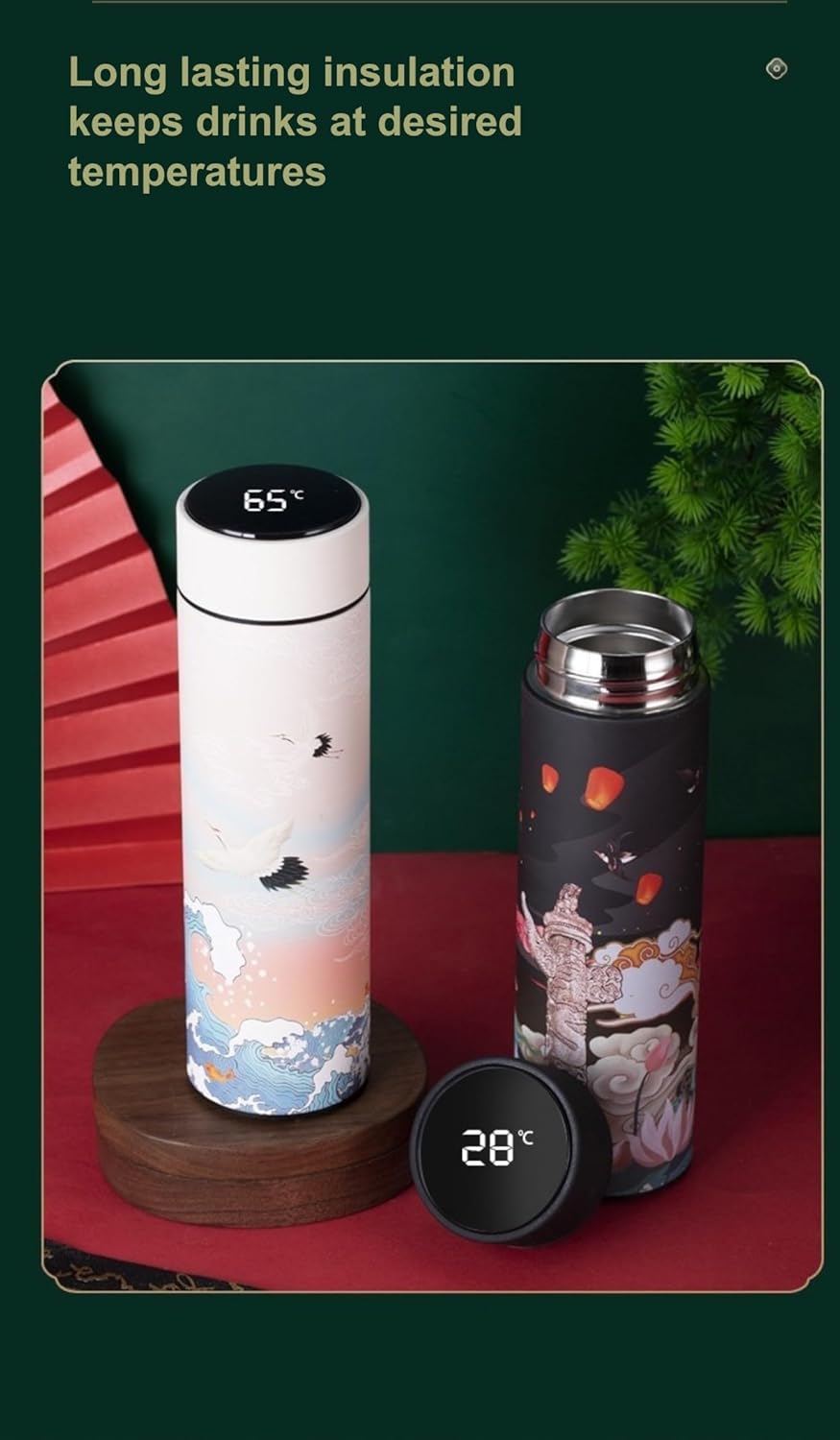 Insulated Coffee Tea Travel Thermos Mug Water Bottle with Removable Strainer and Temperature Featuring Elegant Asian Art Design - 16.9 fl oz (Black)