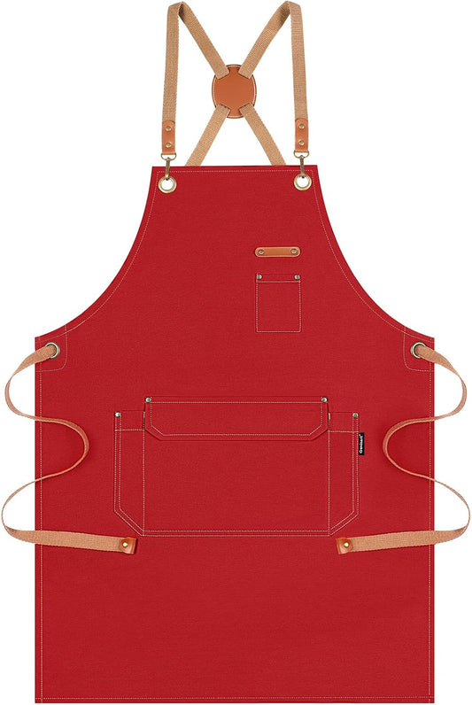 Genixart Chef Apron for Men Women with Gift Box Pack, Cross Back Apron with Pockets for Kitchen Cooking Baking Artist Painting, Cotton Canvas Work Aprons for Shop, Garden, Restaurant, Cafe (Red)