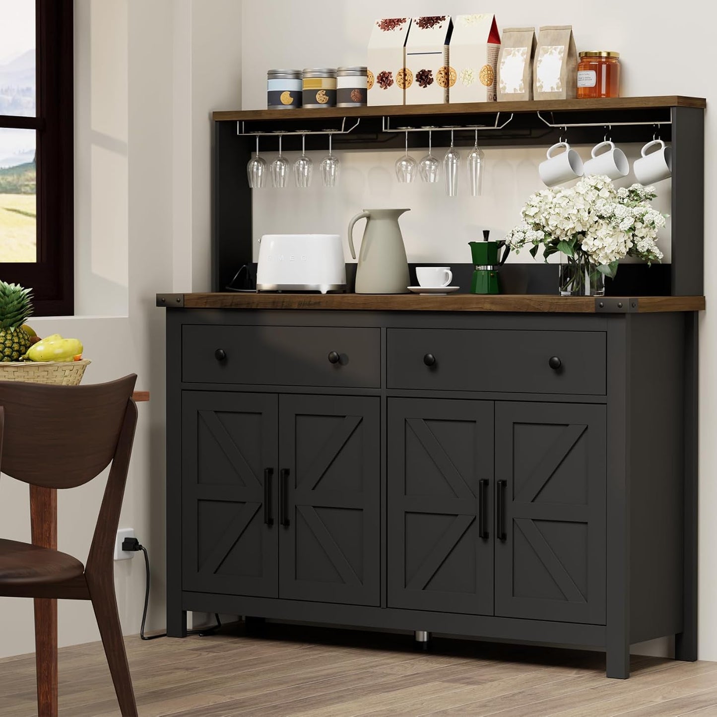 Hutch Storage Cabinet Buffet with Drawers, and Charging Station, Coffee Bar Cabinet with Barn Doors, Wine Rack and Hooks, Countertop, Long Farmhouse, Black, for Kitchen, Dining Room, 54.1" High