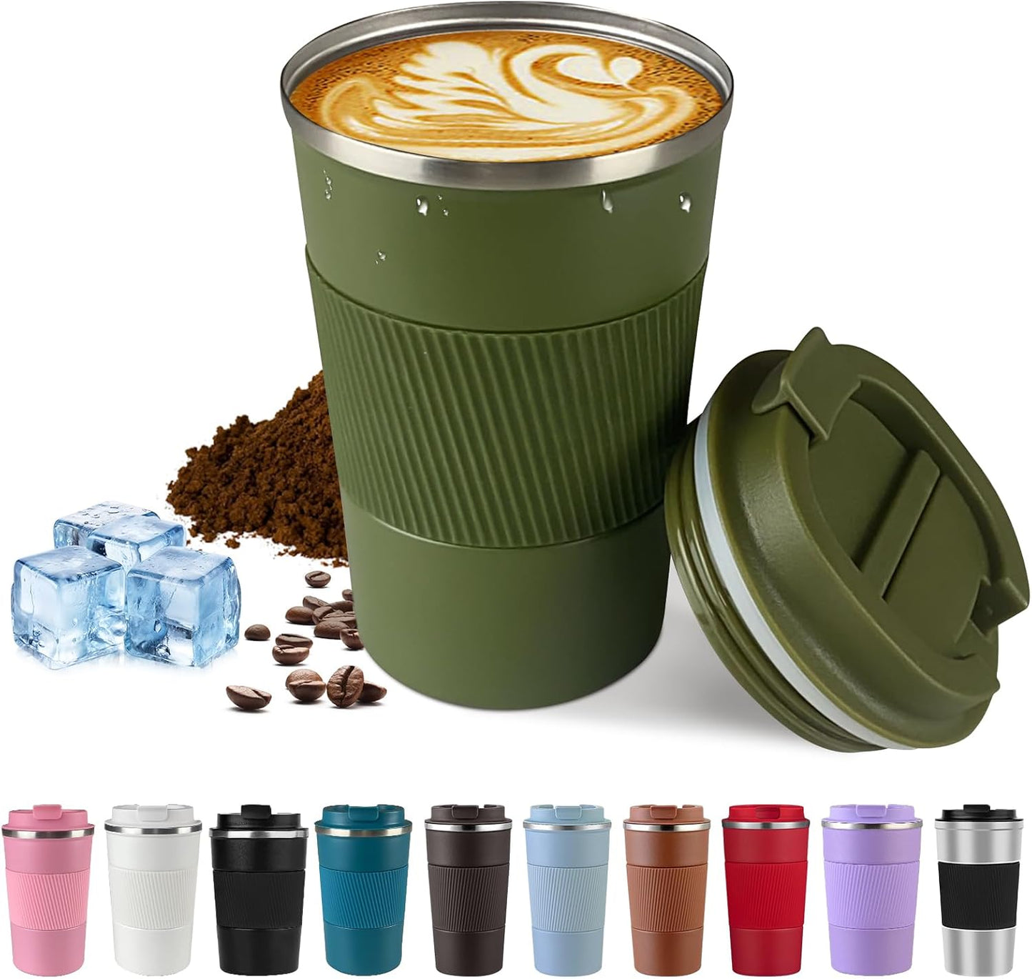 Vacuum-Insulated Stainless Steel Travel Coffee Mug, Leak-Proof Reusable Coffee Cup with Lid - Keep Hot & Cold Drinks for Hours, Durable Thermos Tumbler for Men & Women (3rd-Green, 17OZ)