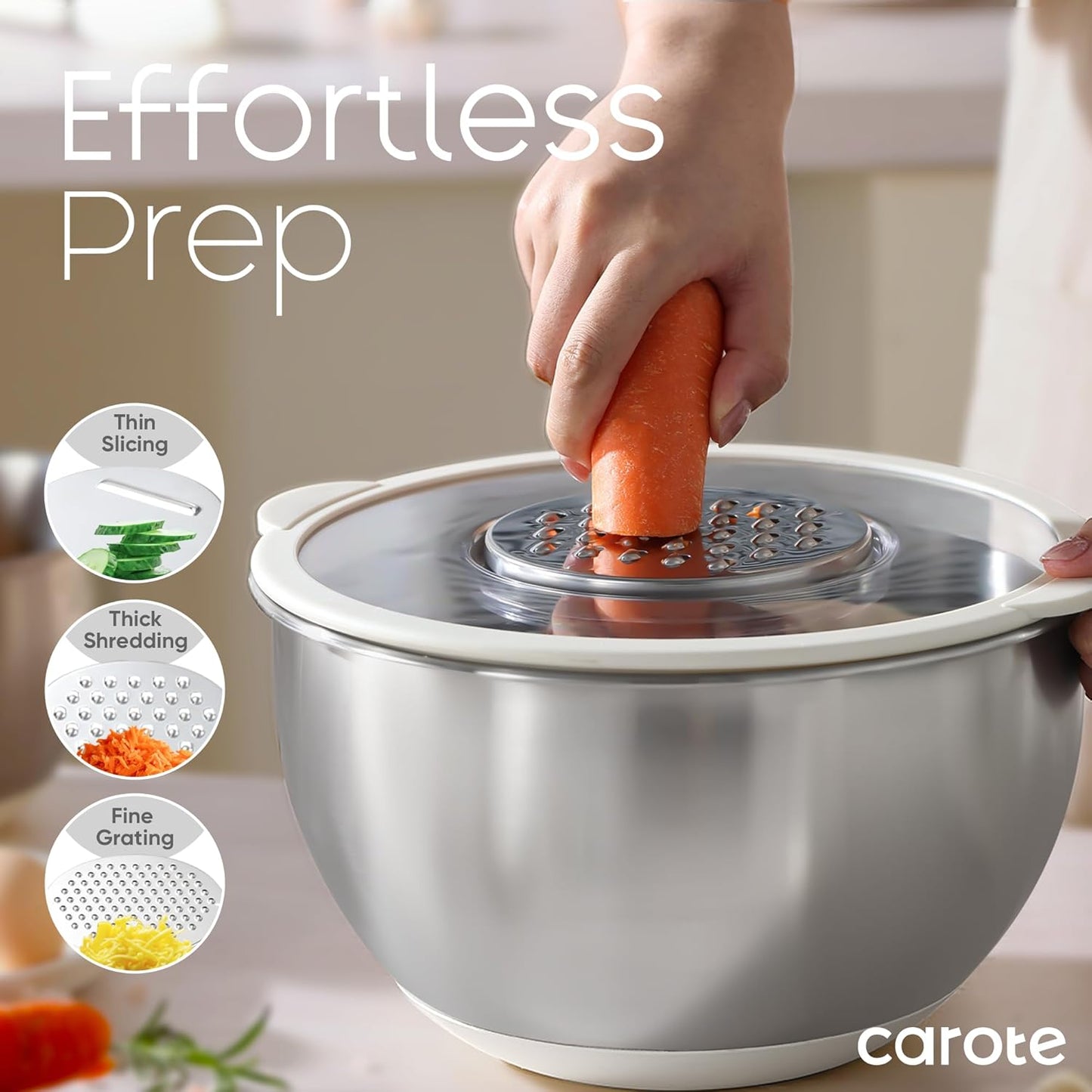 CAROTE Stainless Steel Mixing Bowls with Lids Set,12 Pcs Nesting Bowls Clear Airtight Lids 3 Grater Attachments,Non-Slip Bottoms & Measurement Marks Mixing Bowls,Size 5,3,2,1.5,1QT