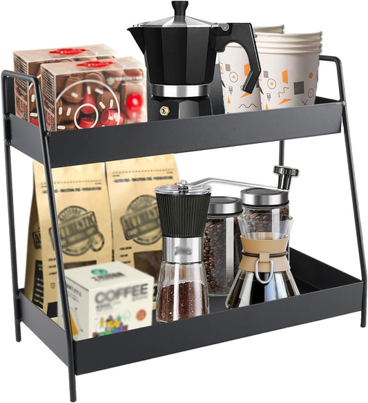 Countertop Coffee Bar Organizer,2 Tier Metal Coffee Pod Holder with Handles,Tea Bag Condiment Snack Organizer,Mug Holder for Kitchen,Bathroom,Office,Black