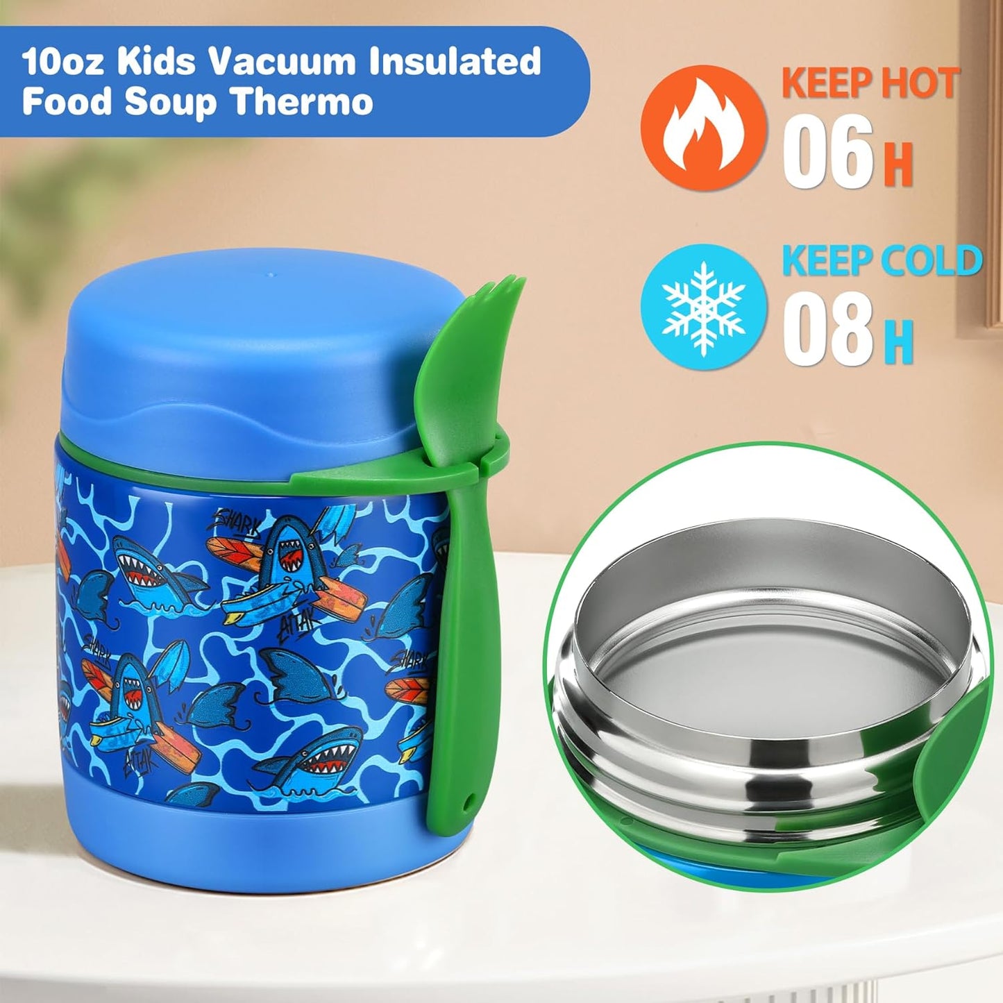 Bento Lunch Box Set With 10oz Soup Thermo, Leak-proof Lunch Containers with 4 Compartment, Kids Hot Thermo Food Jar/Insulation Lunch Bag, Food Containers for School（Shark）