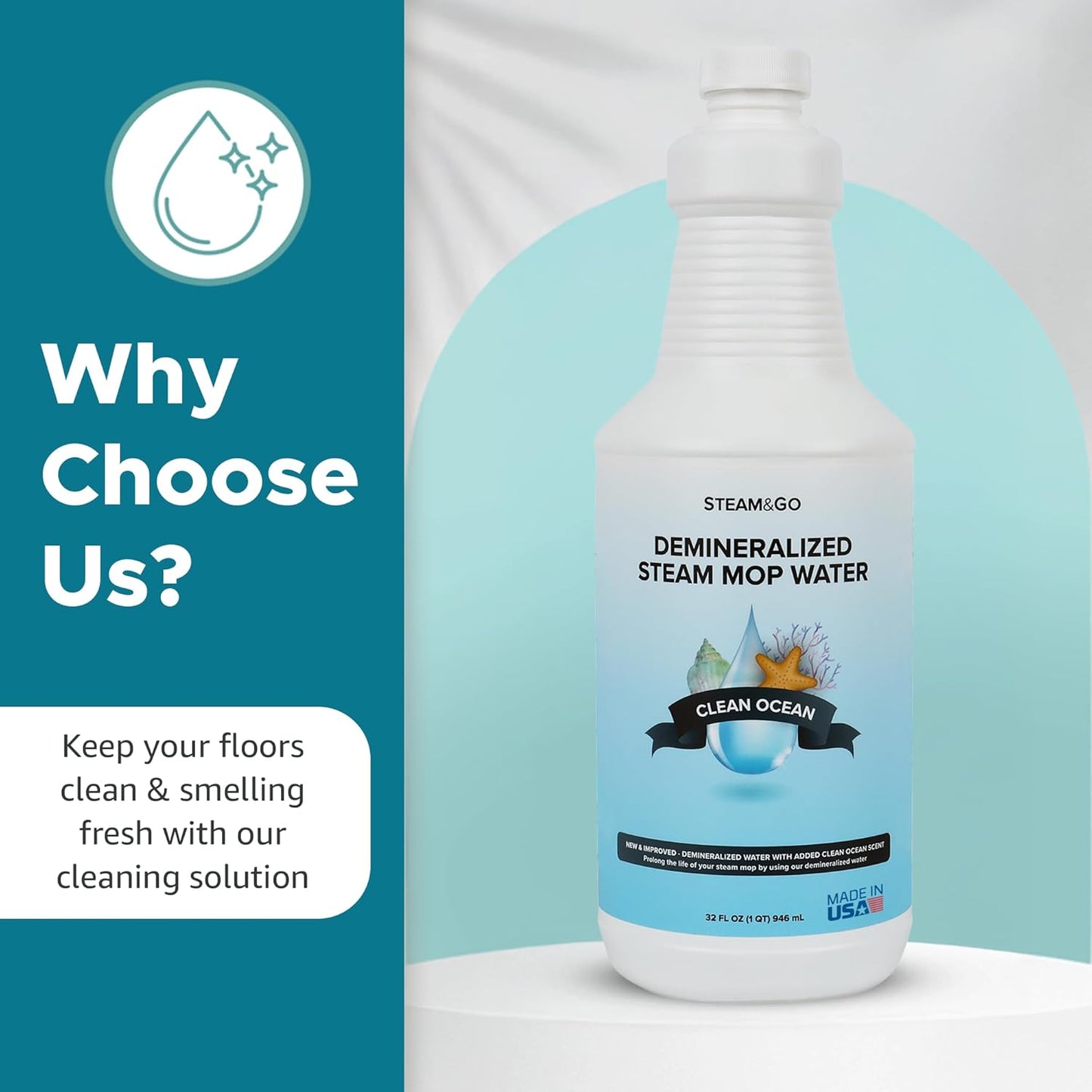 Steam & Go Demineralized Water - Multisurface Cleaner, PVC-Free Ready-to-Use for Mops & Floor Steamers - Ideal for Kitchen, Bathroom, & Home Surfaces - Clean Ocean Scent - 32oz (Pack of 1)