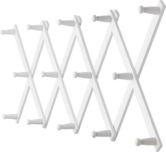 Dseap Accordian Wall Hanger: 16” High Wooden Wall Expandable Coat Rack, Hat Rack Holder, Accordion Hook for Baseball Caps, Coats, Mugs, 14 Peg Hooks, White
