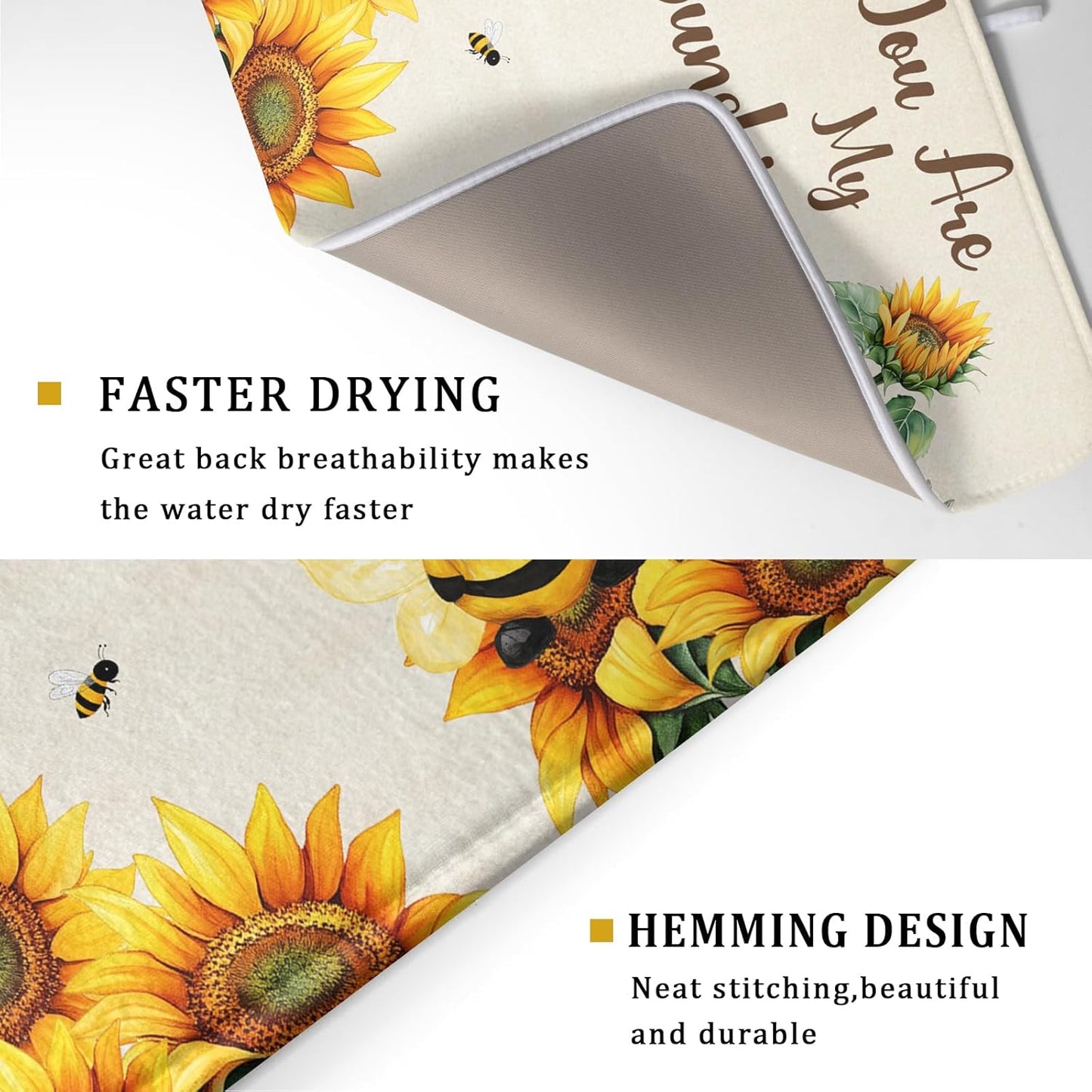 Giwawa Bee Gnomes Dish Drying Mat, Summer Sunflowers Elf Dish Drainer Mats for Kitchen Countertop, Vintage Sunshine Floral Absorbent Reversible Dish Drying Pad Decor, 18x24inches, Large