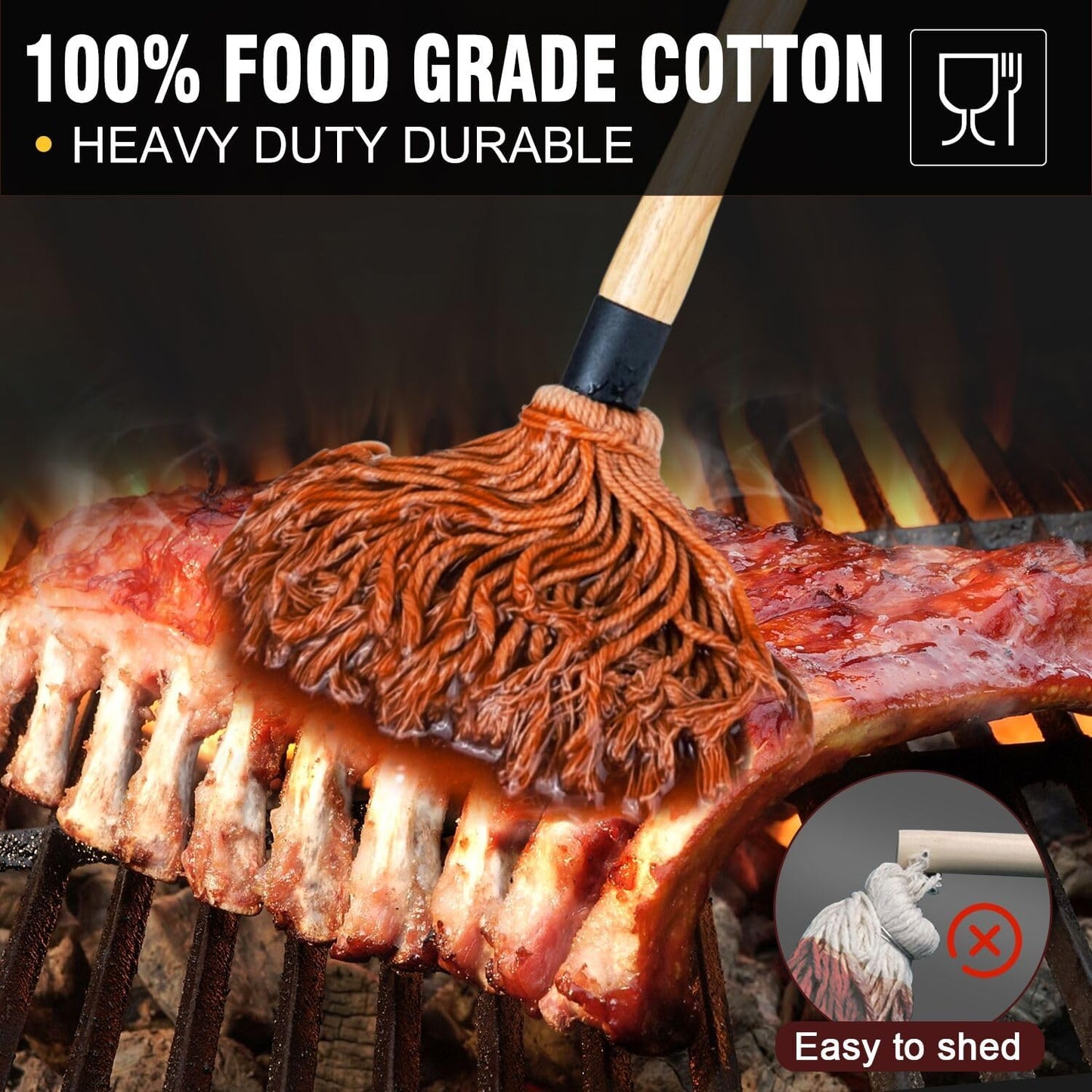 Walfos BBQ Mop Brushes for Sauce, Grilling Basting Mop Wooden Long Handle with 3 Heads, for Grilling, Barbecue, Smoking Steak (18")