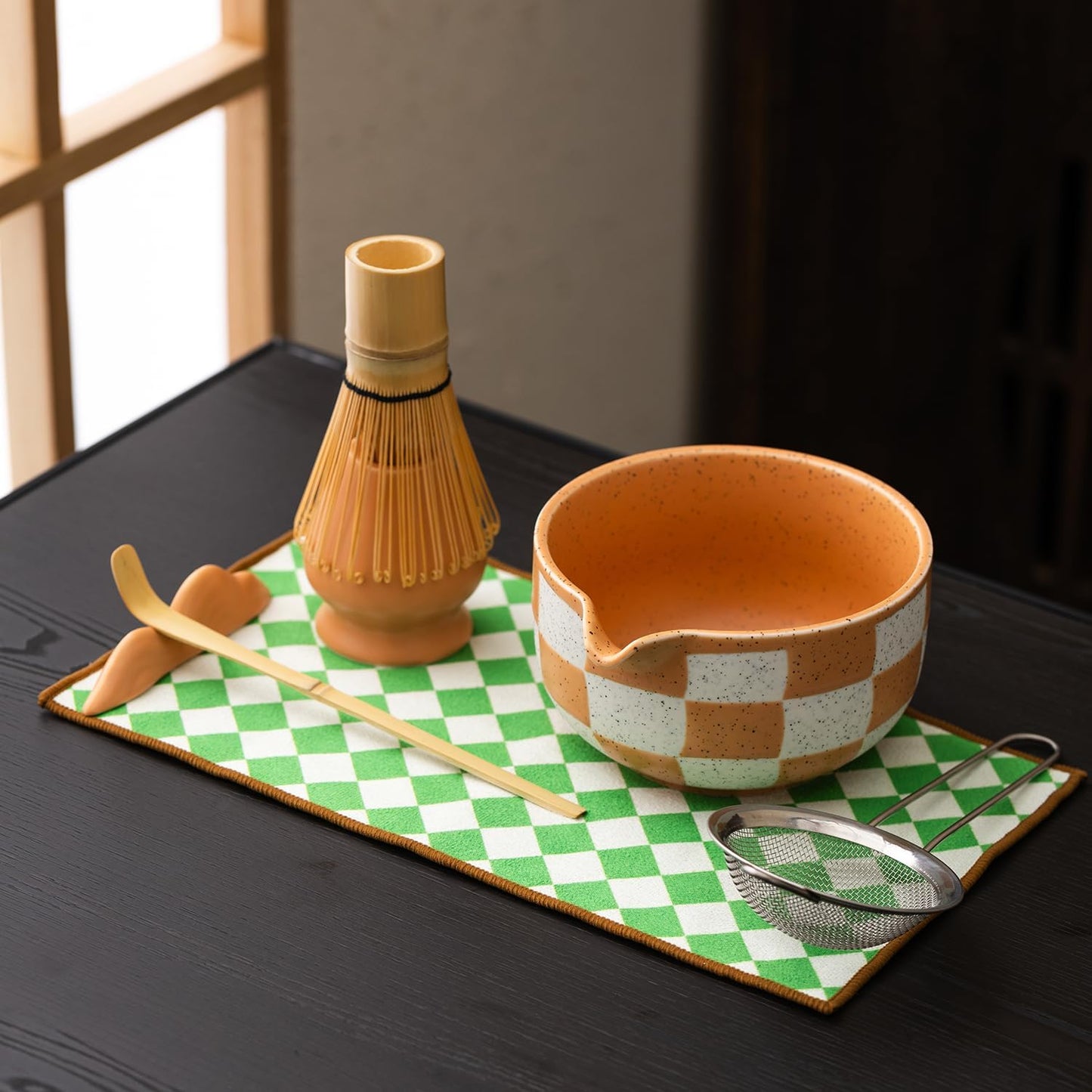 Premium 7-Piece Matcha Tea Set – Traditional Japanese Style with Elegant Grid Pattern, Includes Bamboo Whisk, Ceramic Bowl, Scoop & More – Perfect for Matcha Lovers & Tea Ceremony (Orange grid)
