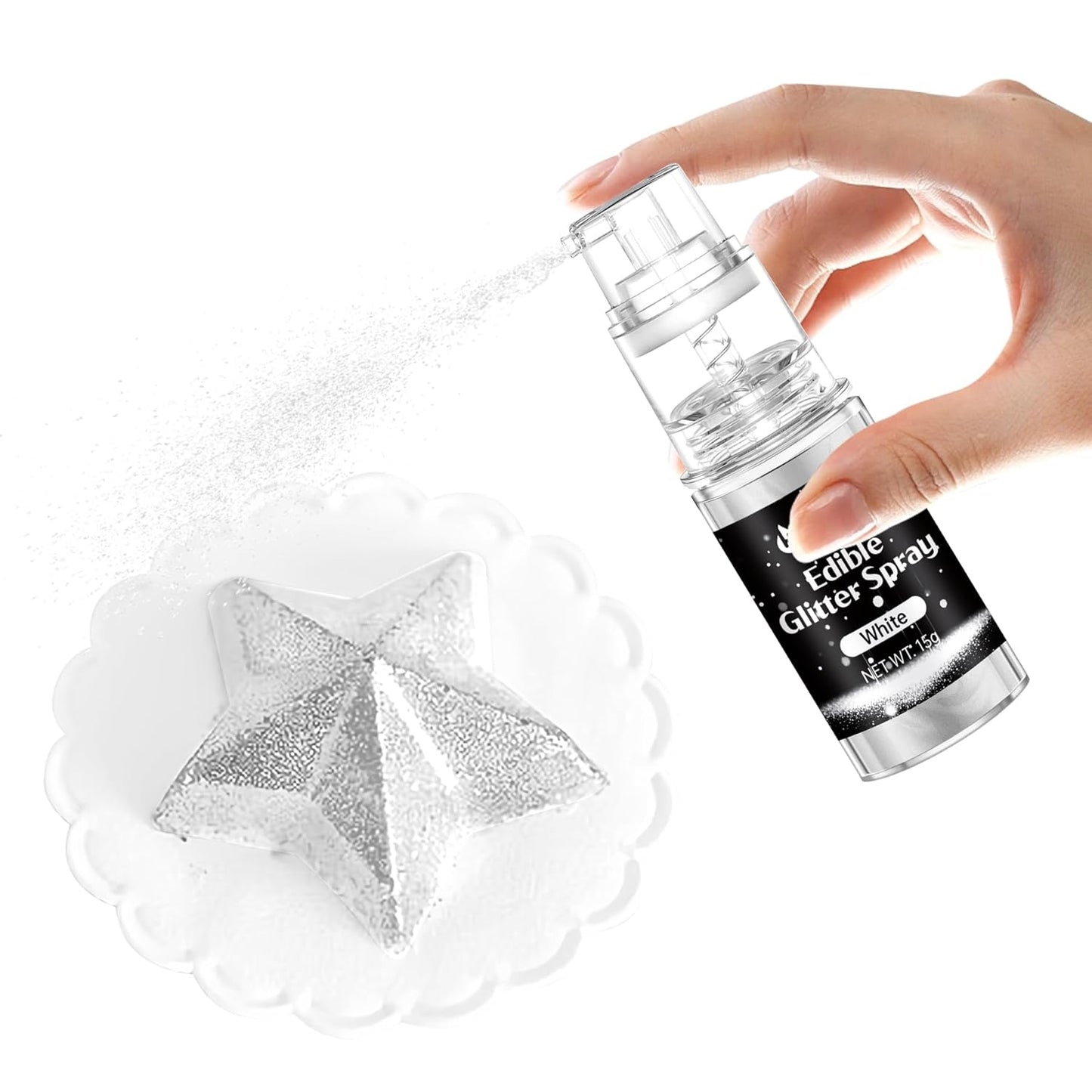 White Edible Glitter Spray - 15g Edible White Glitter for Cakes Food Grade Metallic Shimmer Powder Cake Spray for Cookie Decorating Chocolate Strawberry