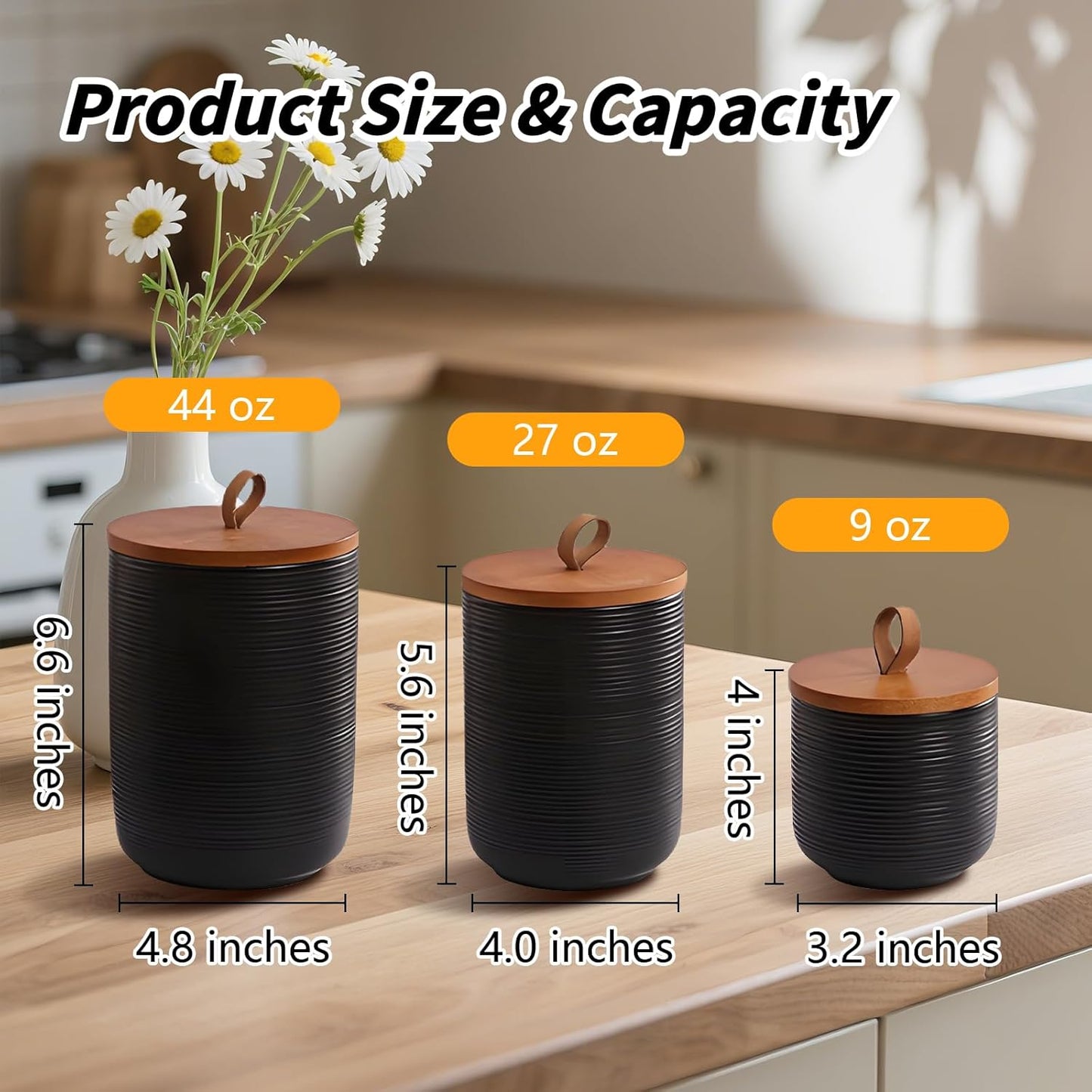Food Storage Jar Strong Ceramic Storage Canisters with Airtight Wooden Lid,Kitchen Storage Containers for Serving Coffee Beans, Tea, Sugar, Salt, Spices (Big black)