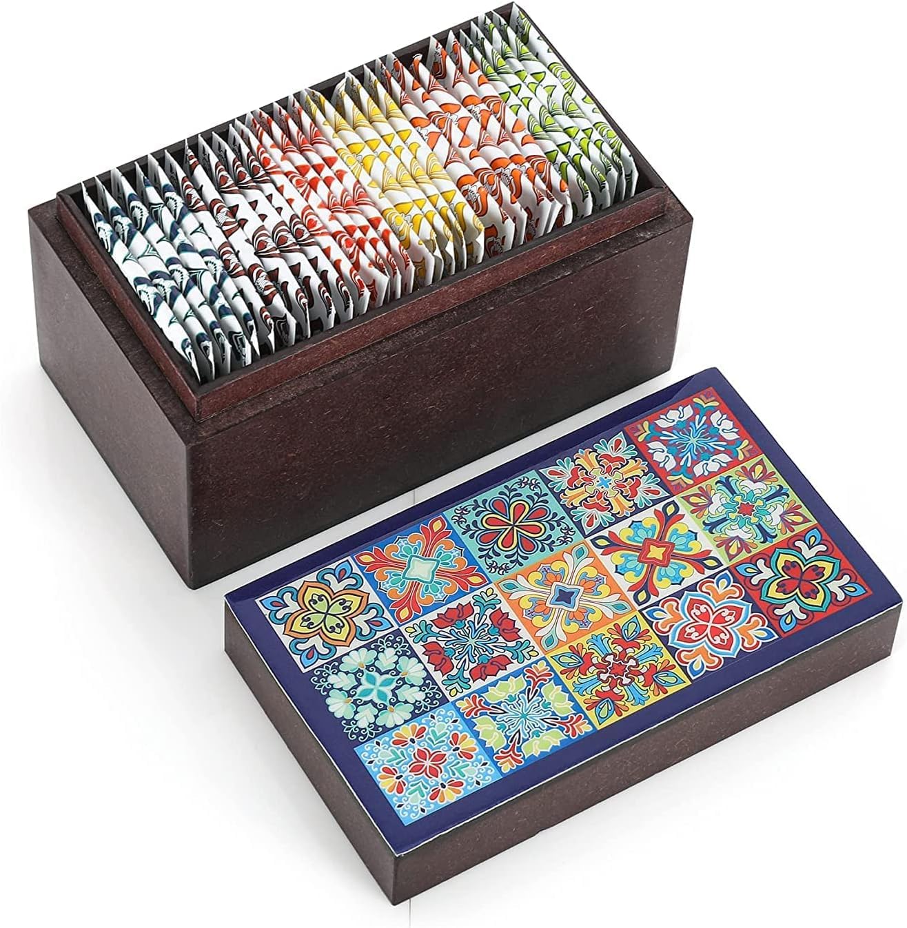 Octavius | Tile Motif Wooden Caddy Tea Sampler Pack | Assortment of 3 Black & 3 Green Teas | 30 Enveloped Double Chamber Tea Bags | Tea Sampler Variety Pack | Perfect for Tea Lovers | Pack of 1