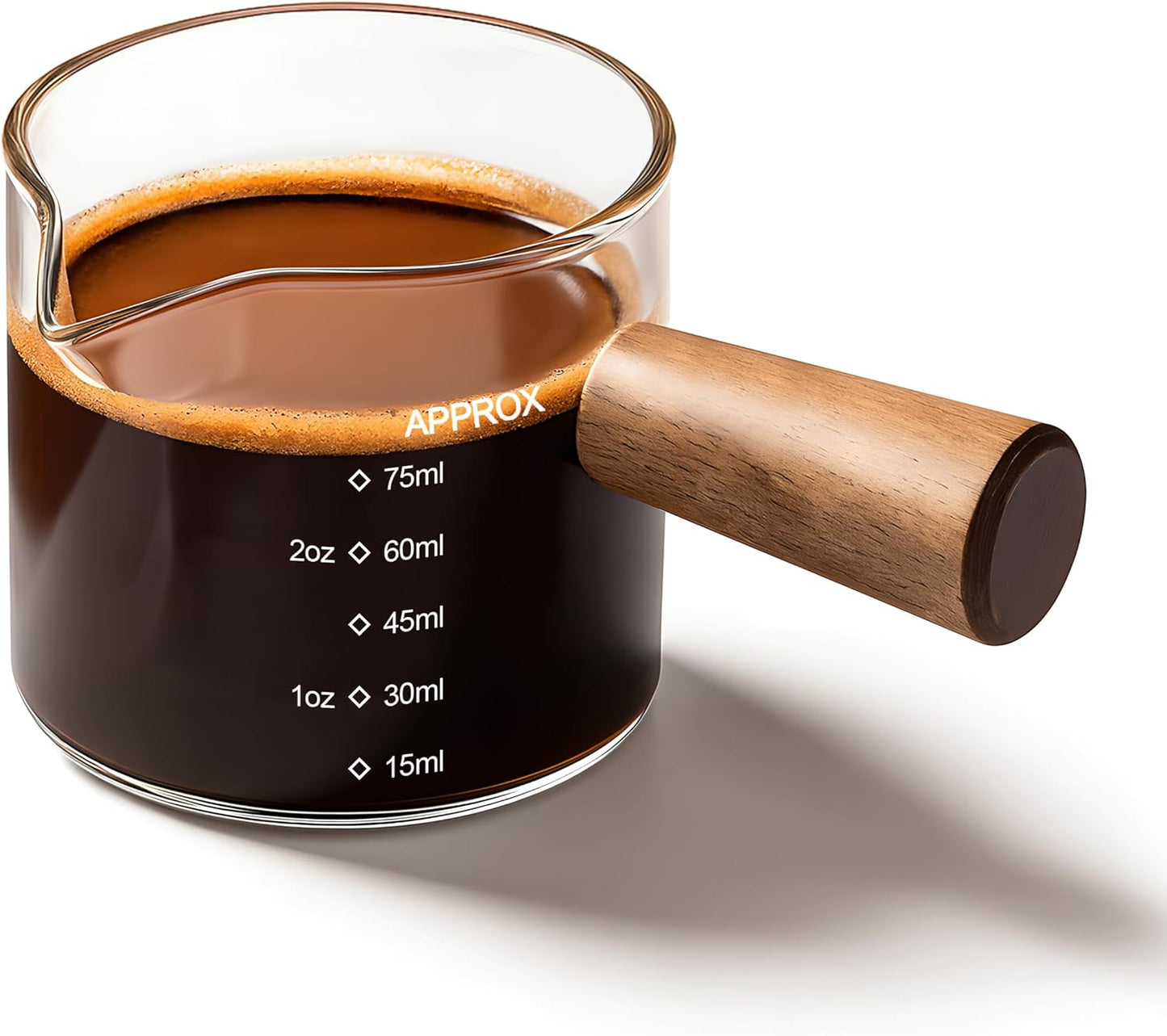 YARRAMATE 3.4oz Espresso Shots Cup with Wood Handle, Clear Glass Espresso Measuring Cup with Dual Scale, Shot Glass with Single Spout