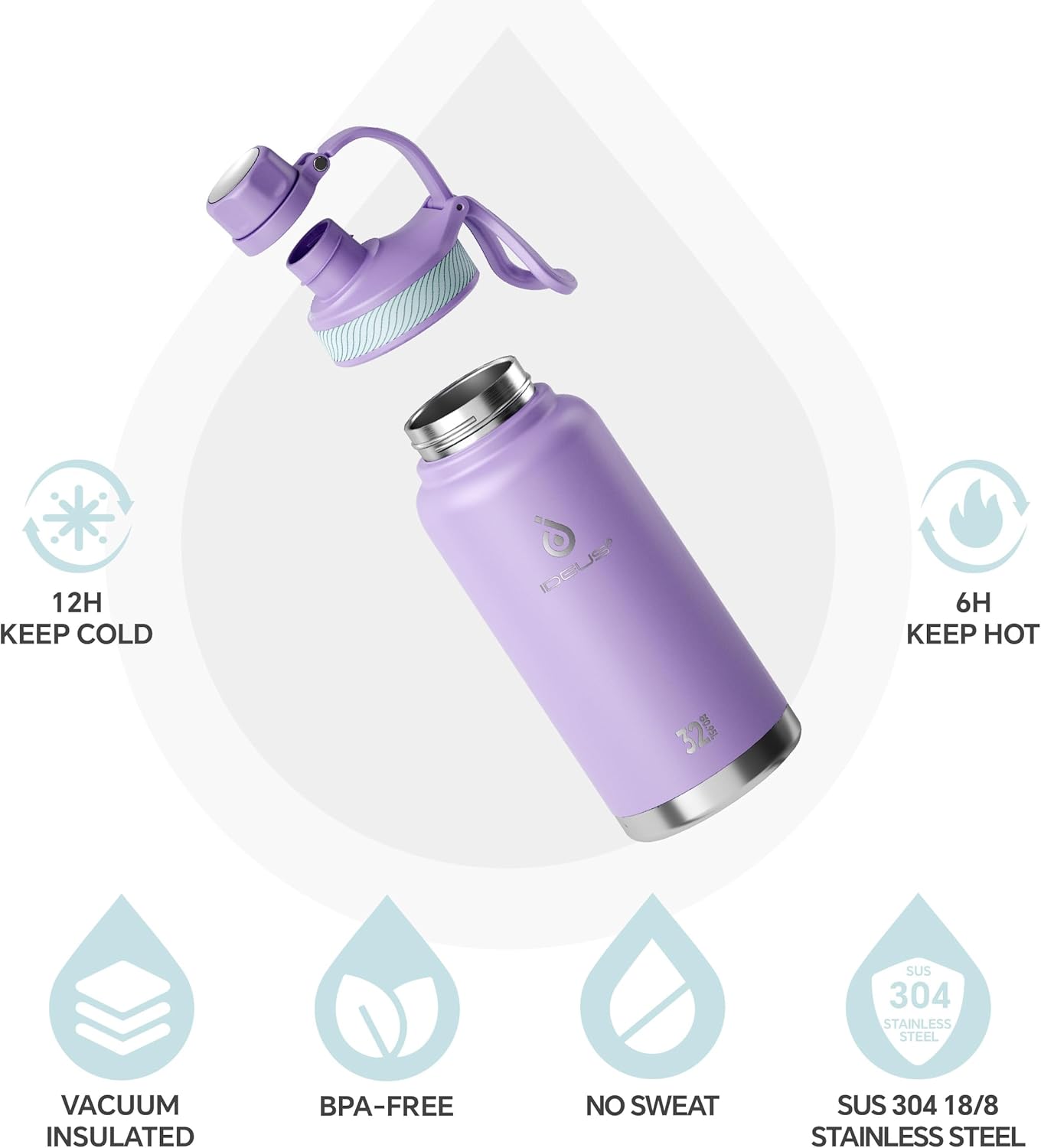 IDEUS Insulated Stainless Steel Water Bottle with 2 Leak-Proof Lids, Thermal Water Flask for Hiking Biking, 32oz, Violet