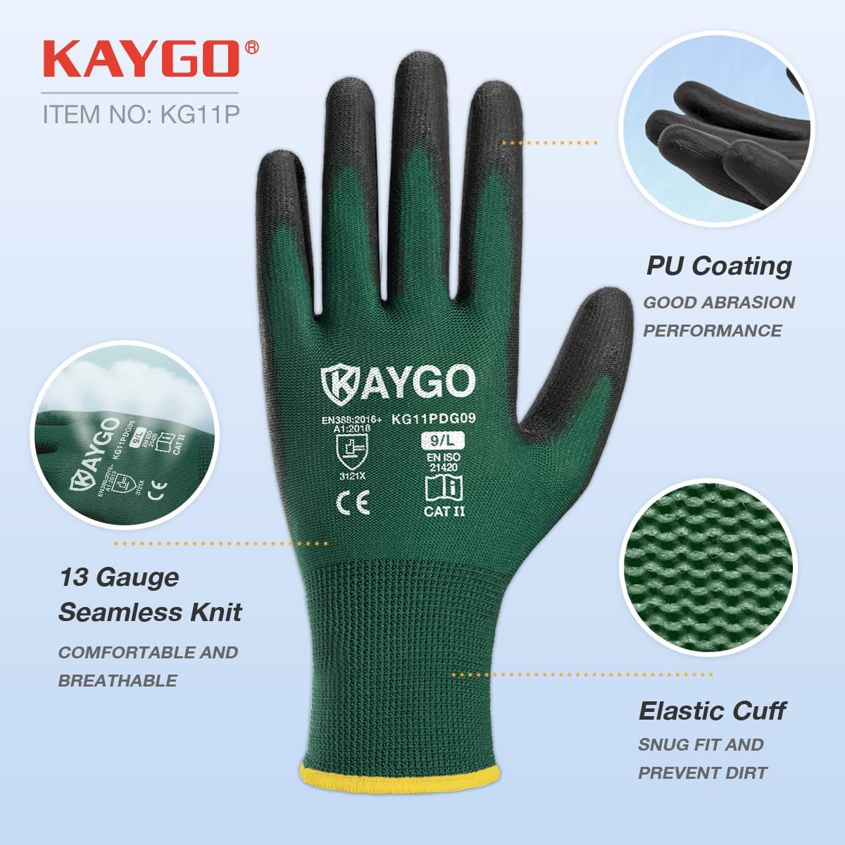KAYGO Safety Work Gloves PU Coated,12 Pairs KG11PB Seamless Knit Glove for Men and Women, with Smooth Grip on Palm and Fingers, Ideal for General Duty Work (Medium,Dark Green)