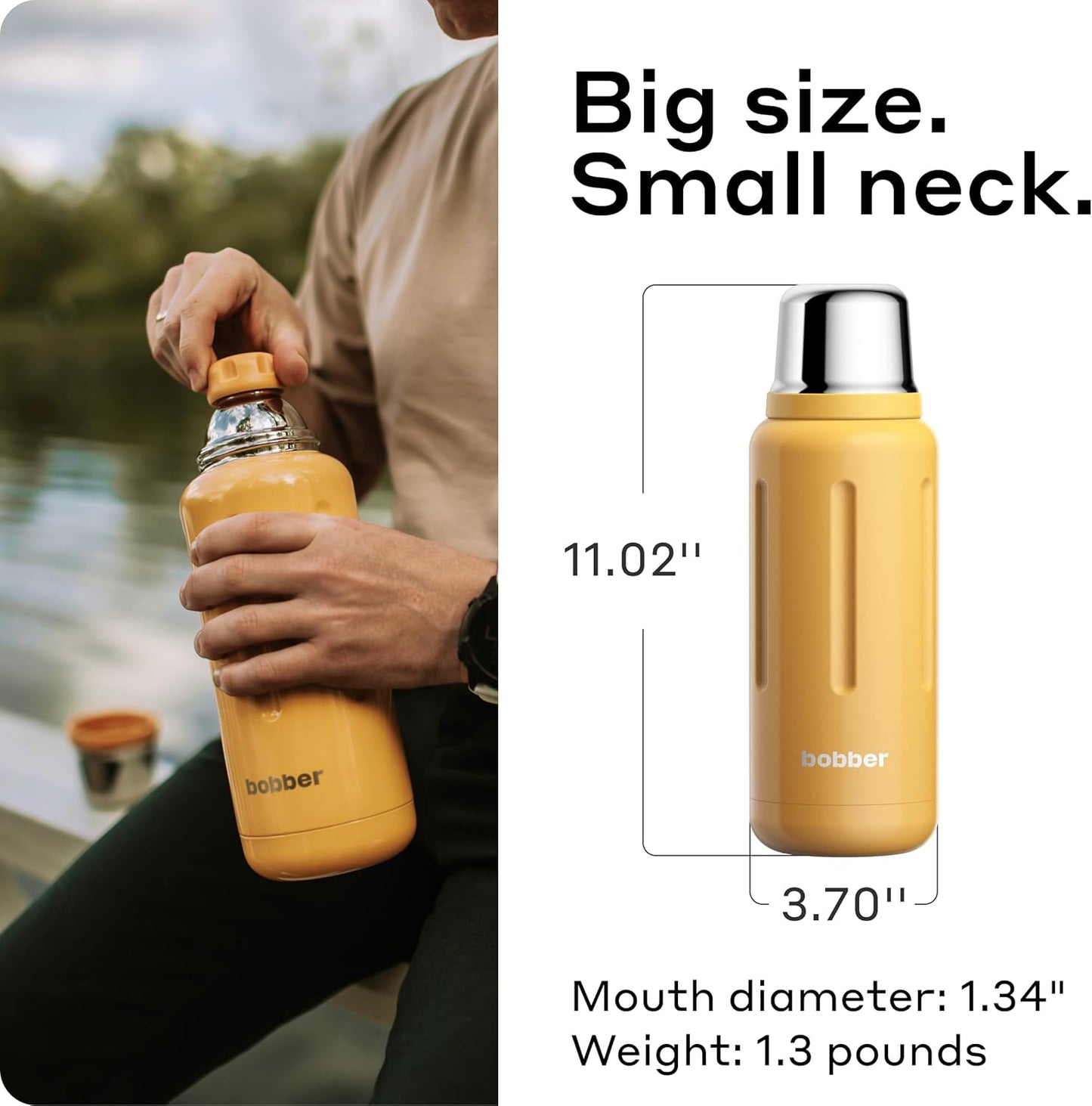 Bobber - 34 oz Vacuum Insulated Stainless Steel Water Bottle with Cup Lid - Dishwasher Safe - Keeps Drinks Hot for 48 Hours and Cold for 72 Hours - Triple Walled Thermo Flask (Ginger Tonic)