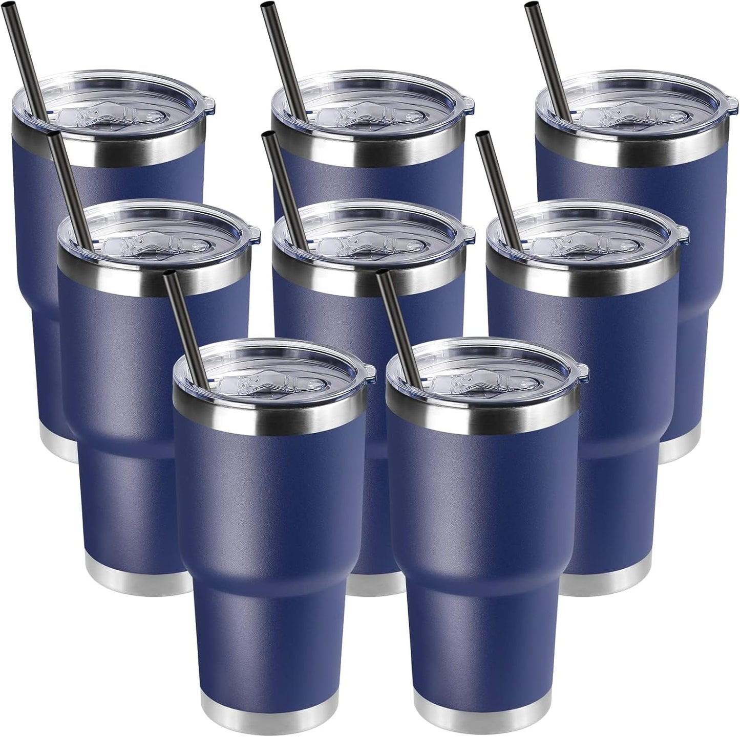 DOMICARE 30oz Tumbler Bulk with Lid and Straw, Double Wall Travel Coffee Mug, Insulated Vacuum Stainless Steel Tumblers, Powder Coated Tumbler Cup (Navy, 8)