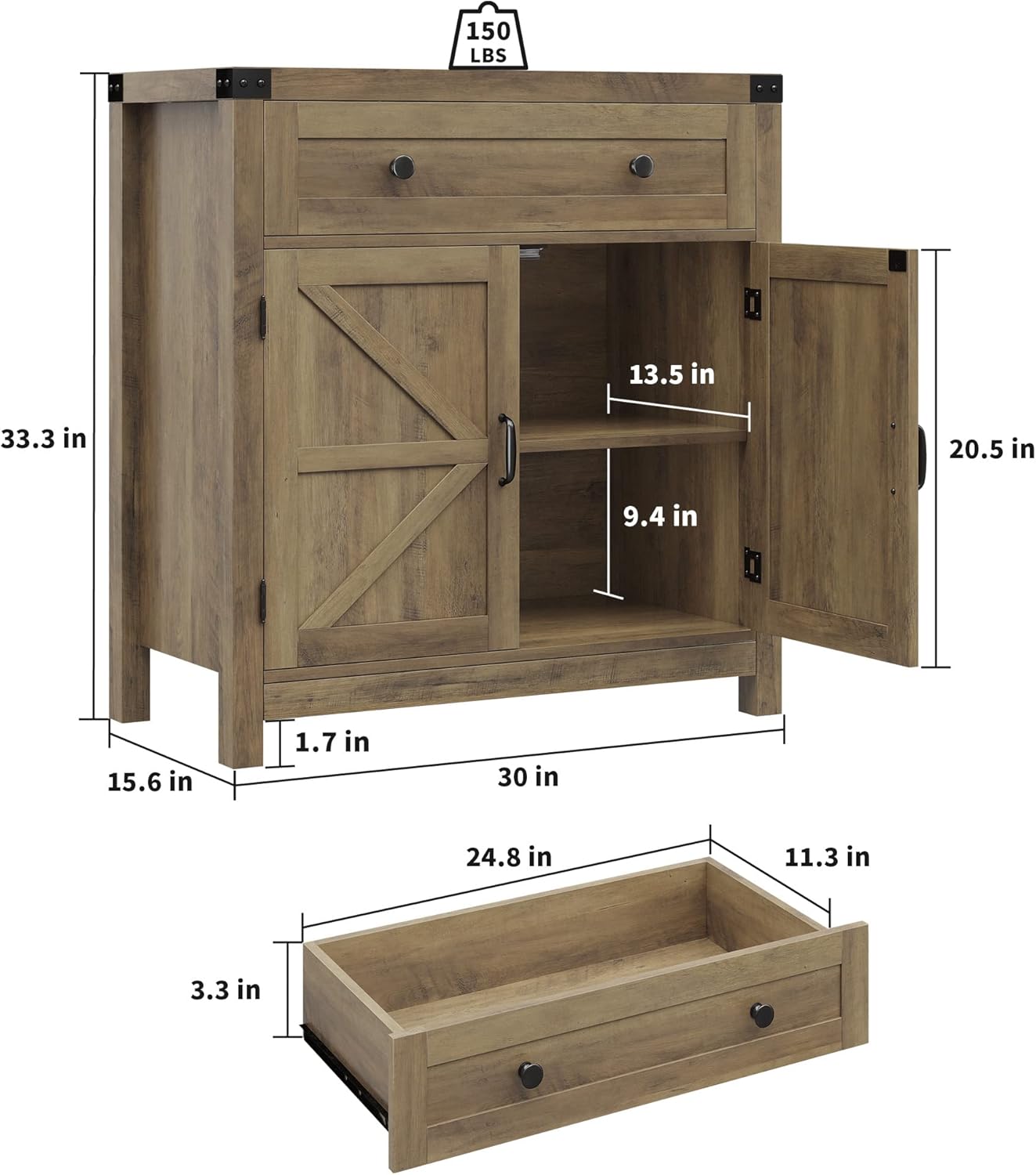 HOSTACK Coffee Bar Cabinet, Kitchen Storage Cabinet, Modern Farmhouse Buffet Sideboard with Drawer and Adjustable Shelf, Barn Door Accent Cabinets for Kitchen, Dining Room, Entryway,Rustic Brown