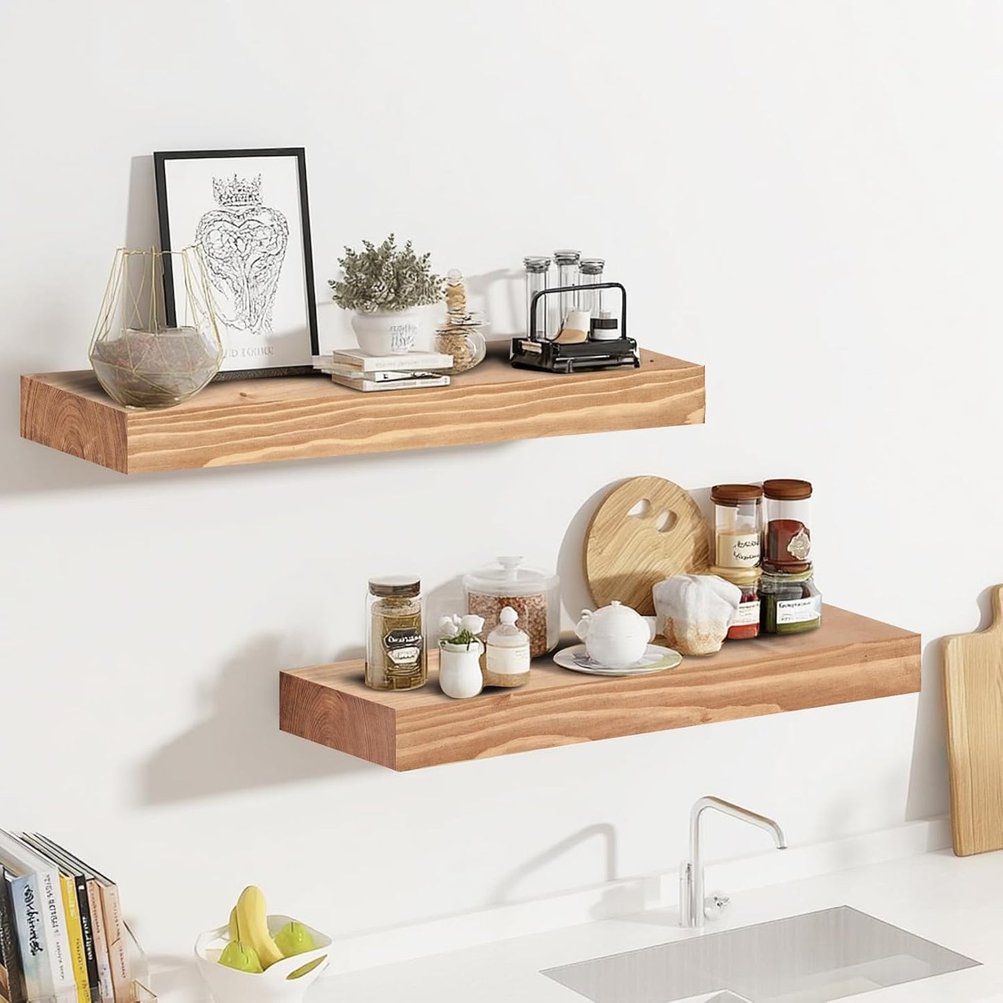 17x8x1.6 inch Floating Shelves Set of 2 – Solid Wood Rustic Oak Wall Mounted Shelf for Kitchen, Bathroom, Living Room