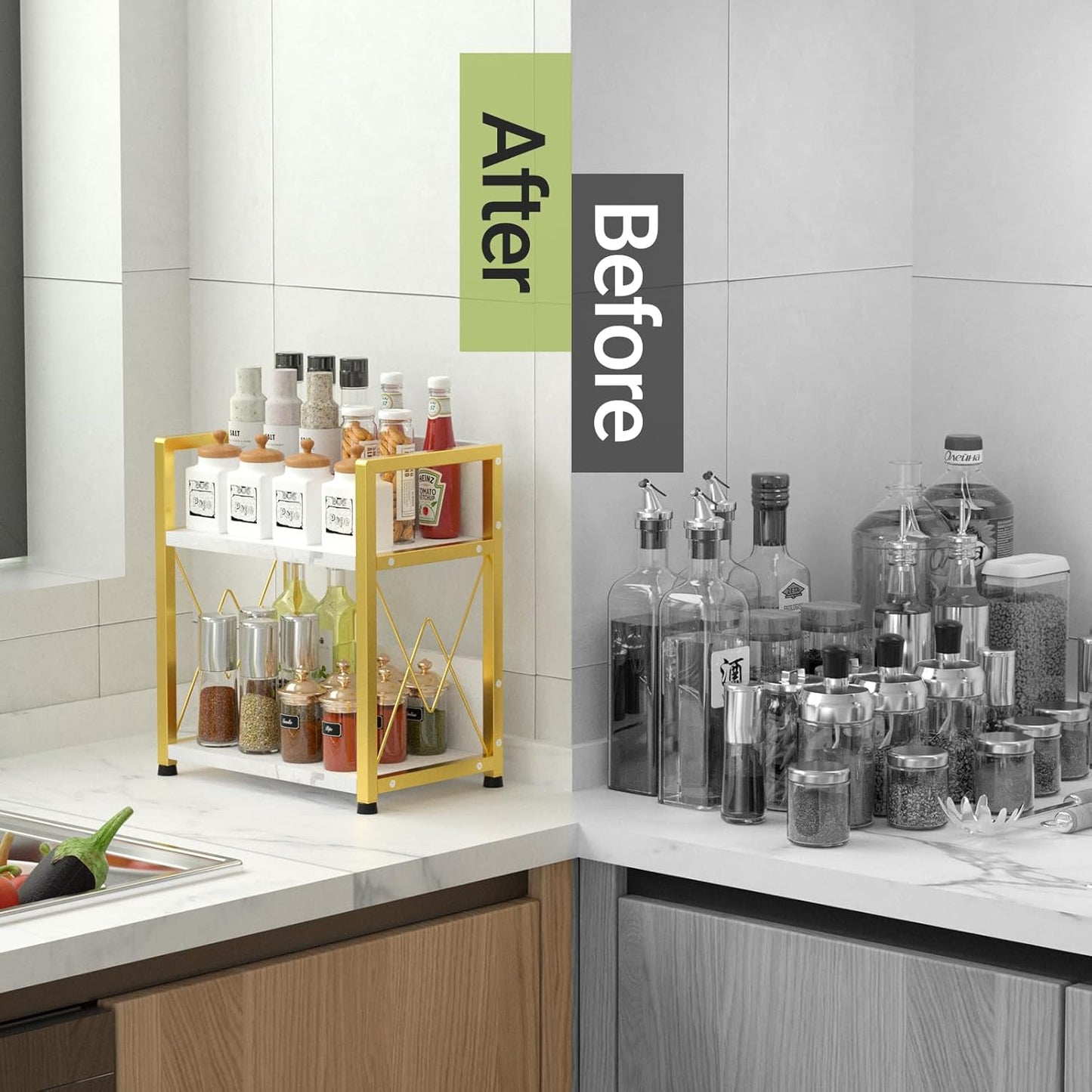 Aduanbang Coffee Bar Accessories Organizer, 2 Tier Wooden Kitchen Counter Shelf, Coffee Organizer Station for Countertop, Condiment Rack for Mugs, Cups, Cream, Syrup