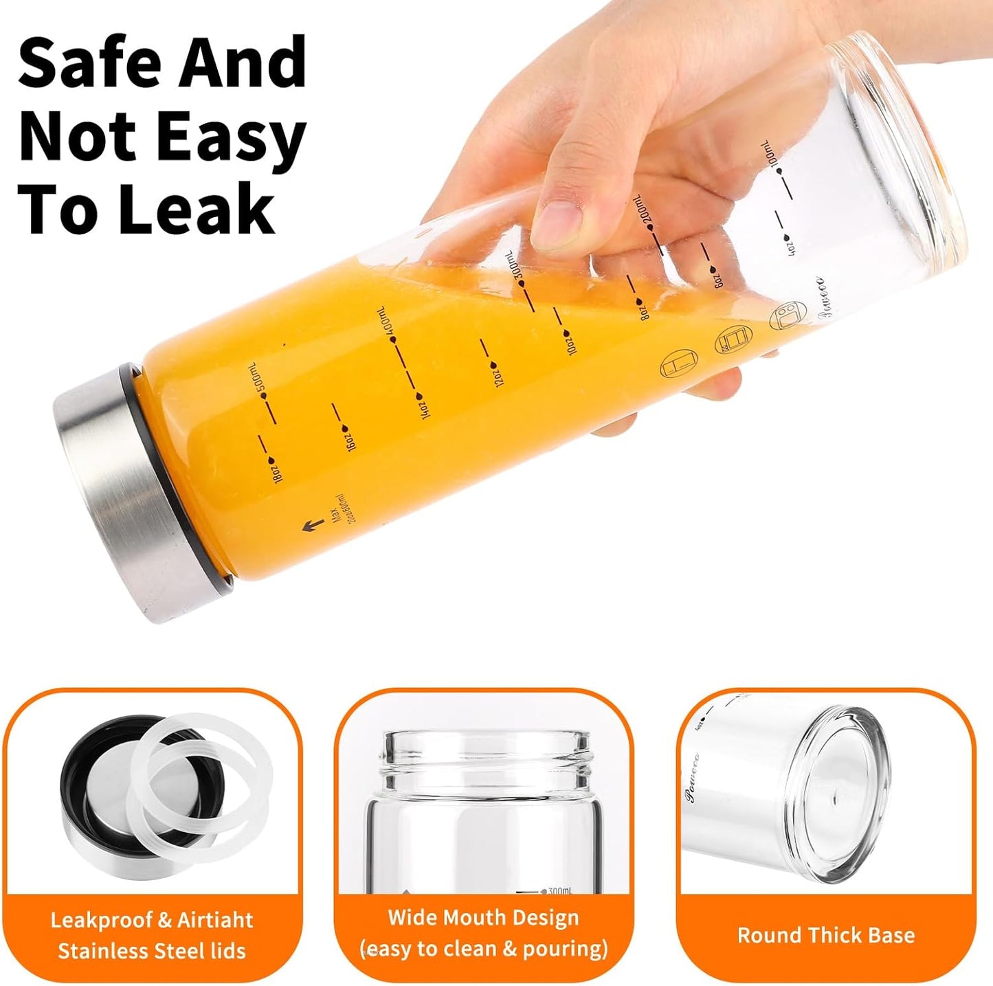 Glass Juice Bottles 6 Pack 12 oz - Wide Mouth Glass Water Bottles with Lids - for Juicing, Protein, Smoothie, Milk, Reusable, BPA Free, Stainless Steel Lids, Blender, Shaker Bottle [12oz/400ml]