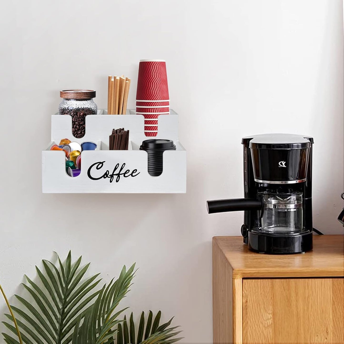 Wooden Coffee Station Organizer - 6 Compartment Lid Holder for Counter, Dispenser for Paper Cups, Condiment Storage