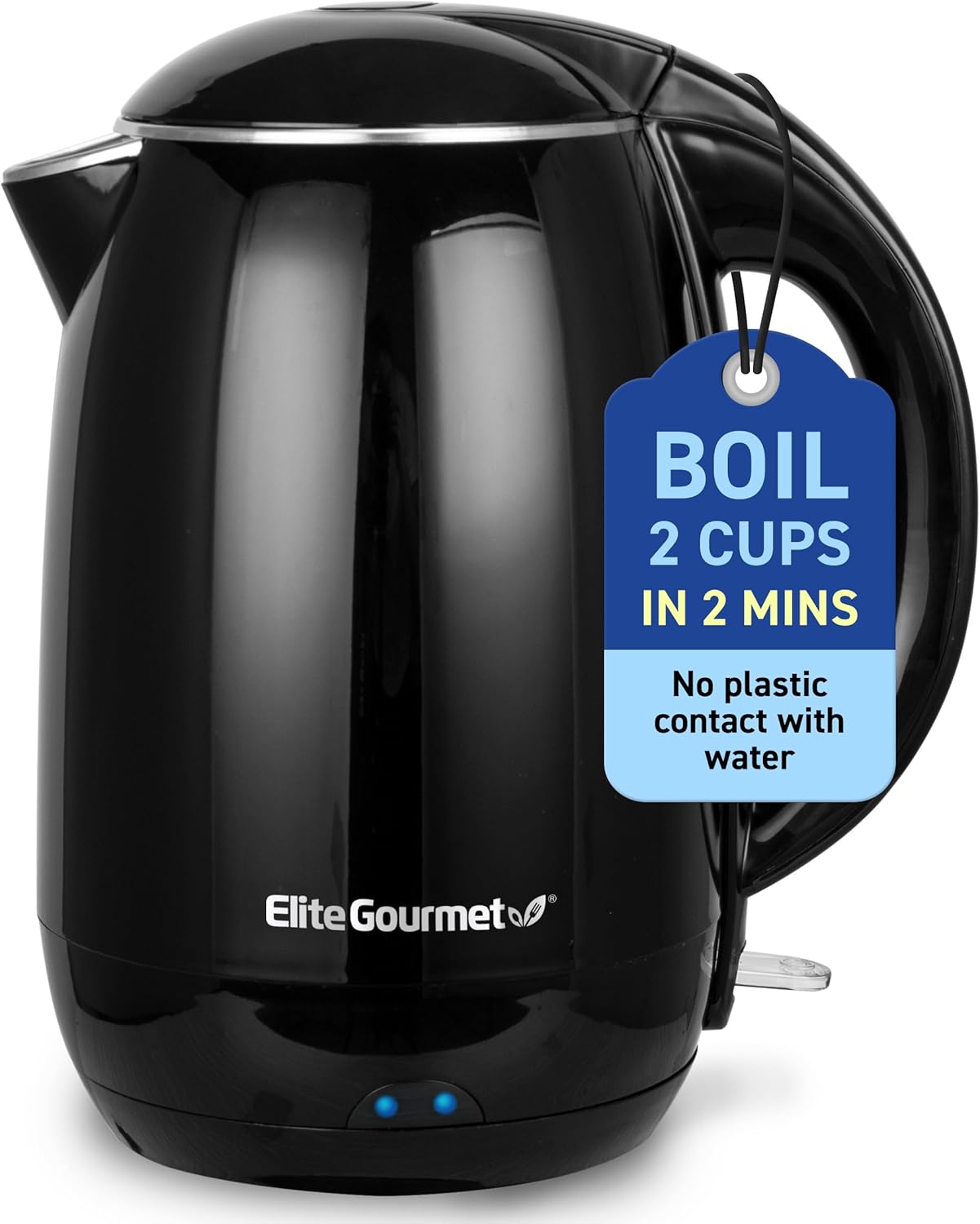 Elite Gourmet EKT1821 1.8L Double Wall Insulated, Cool-Touch 1500W Kettle w/Stainless Steel Interior & Lid, 360° Swivel Base for Cord Free Serving, Power On Lever, Auto Shut-Off, Boil Dry, Black