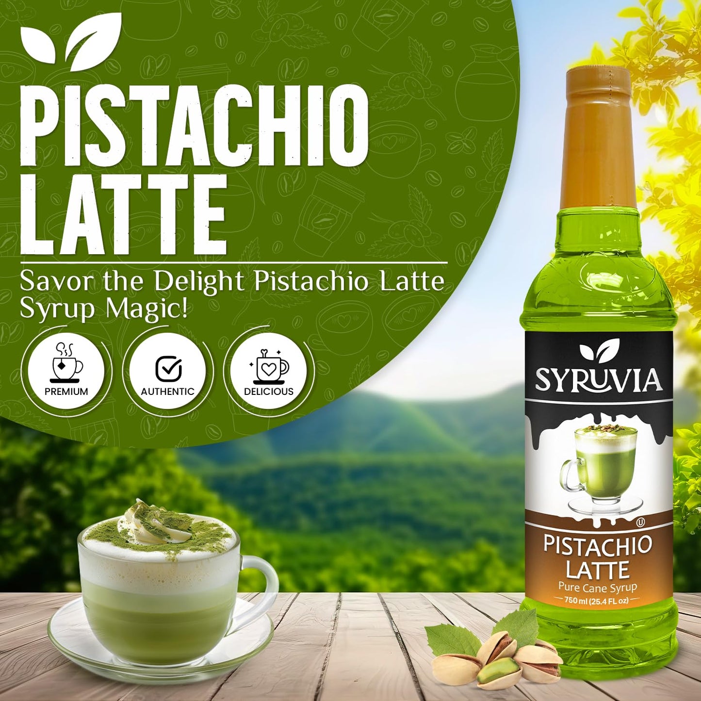 Syruvia Pistachio Latte Syrup & English Toffee Syrup - 25.4 fl oz. Premium Coffee Flavoring Syrup. Kosher, & Gluten-Free. Perfect for Enhancing Drinks, Smoothies, Sodas, Shakes, Desserts, & More.