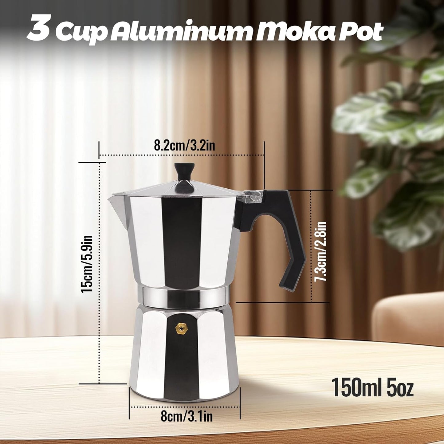3 Cup Aluminum Moka Pot Classic Stovetop Espresso Coffee Maker 150ml 5oz Coffeemaker Percolator Mocha Pot Greca Coffee Maker Cafe Makers for Italian and Cuban Café Brewing Silver