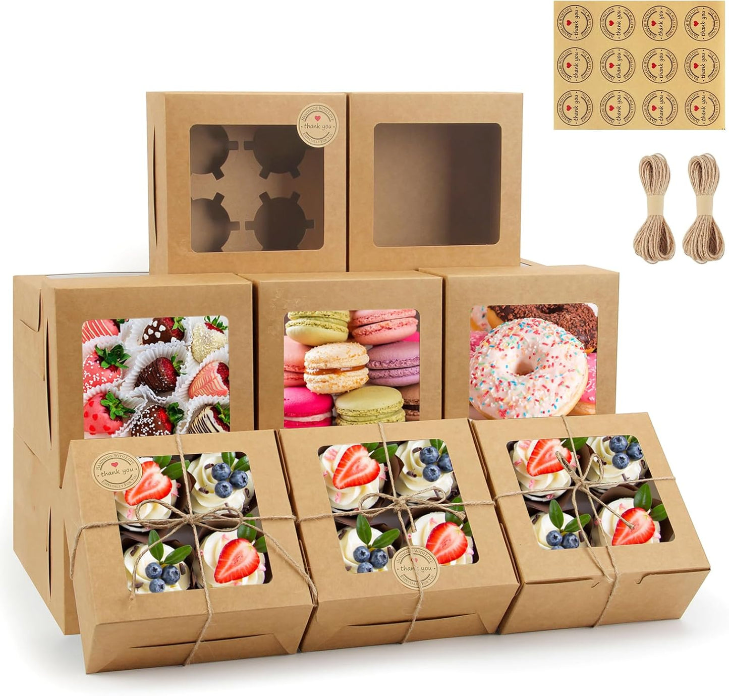 OAMCEG 50 PCS Cookie Boxes with Window, 6x6x3 Inch Cupcake Boxes, Brown Bakery Containers for Pastry, Dessert, Chocolate Strawberries, Treat Boxes with Stickers & Jute Twine