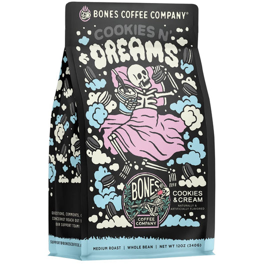Bones Coffee Company Cookies 'N Dreams Cookies and Cream Flavored Coffee, Medium Roast Low Acid Arabica Beans Compatible with Auto drip and French Press Coffee Maker, 12 Oz Whole Bean