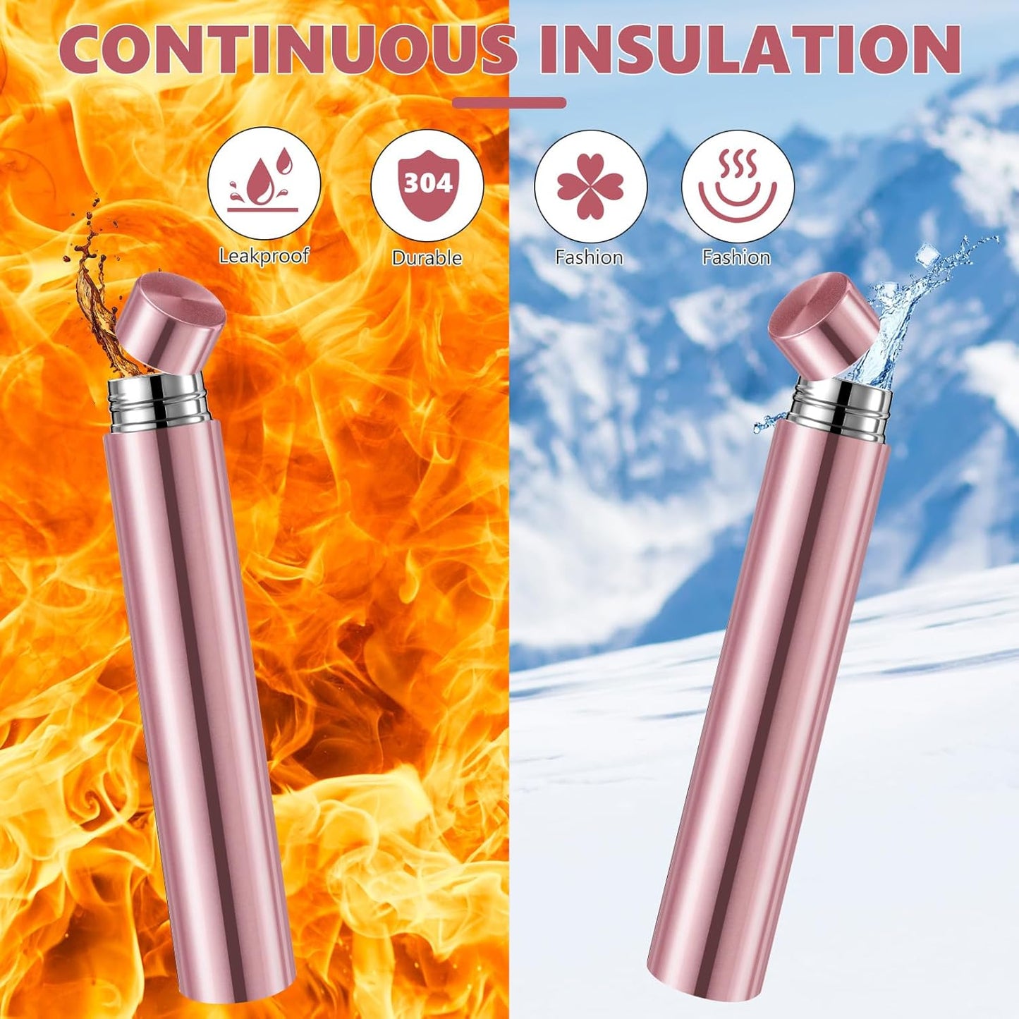 Vesici 1 Pack Slim Water Bottle 8.8 oz Small Stainless Steel Purse Compact Insulated Water Bottles Camping Travel Backpack Pocket Flask for Car Cold Coffee Tea (Rose Gold)