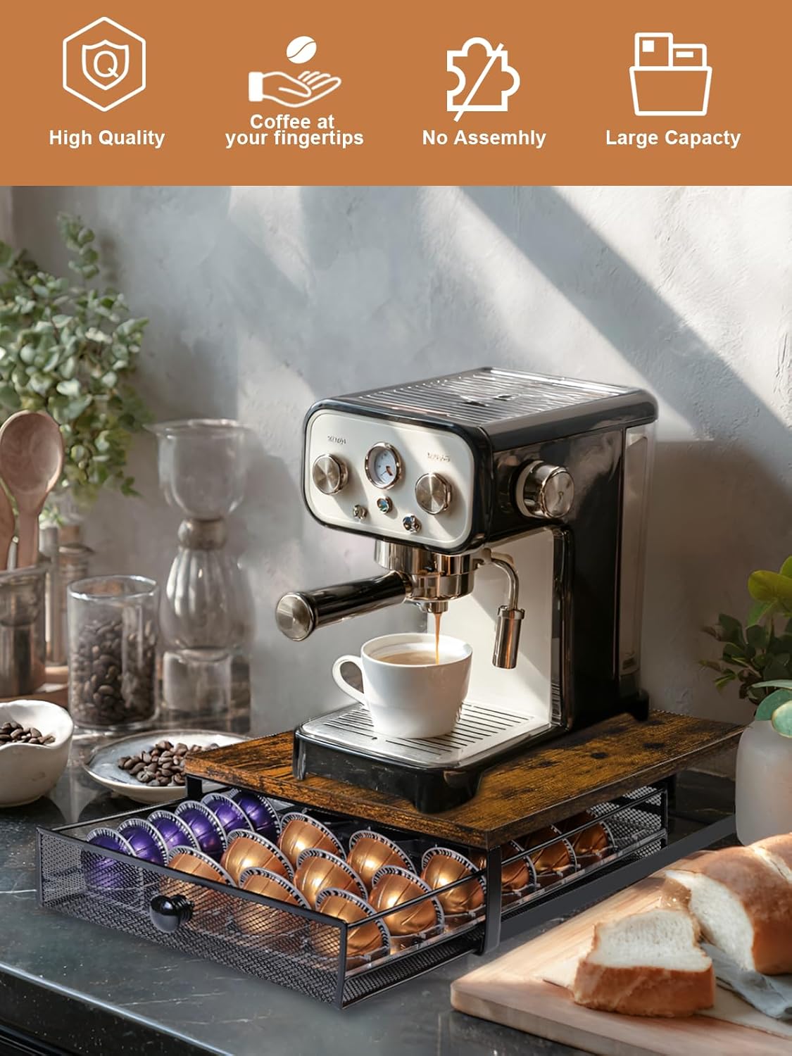 Coffee Pod Holder Drawer Organizer Compatible for Nespresso Vertuo Pods, Holds up to 54 Small or 28 Big Vertuo Pods Rustic Brown