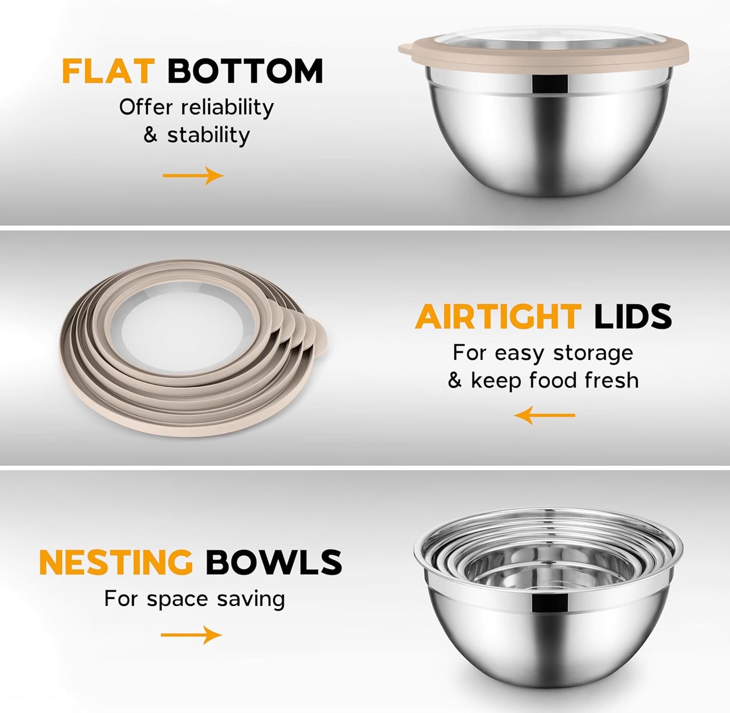 Mixing Bowl Set of 5 for Kitchen, Stainless Steel Metal Nesting Mixing Bowls with Khaki Lids – Size 1.5, 2, 2.6, 3.5, 4.6QT