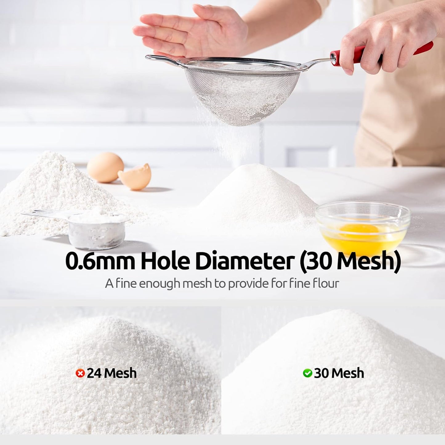 18/8 Stainless Steel Mesh Strainer: U-Taste 5.5 Inch Kitchen Fine Mesh Sieve Food Colander with Riveted Sturdy Silicone Handle and 30 Mesh Hole for Straining Flour, Pasta, Fruit, Quinoa (Red)