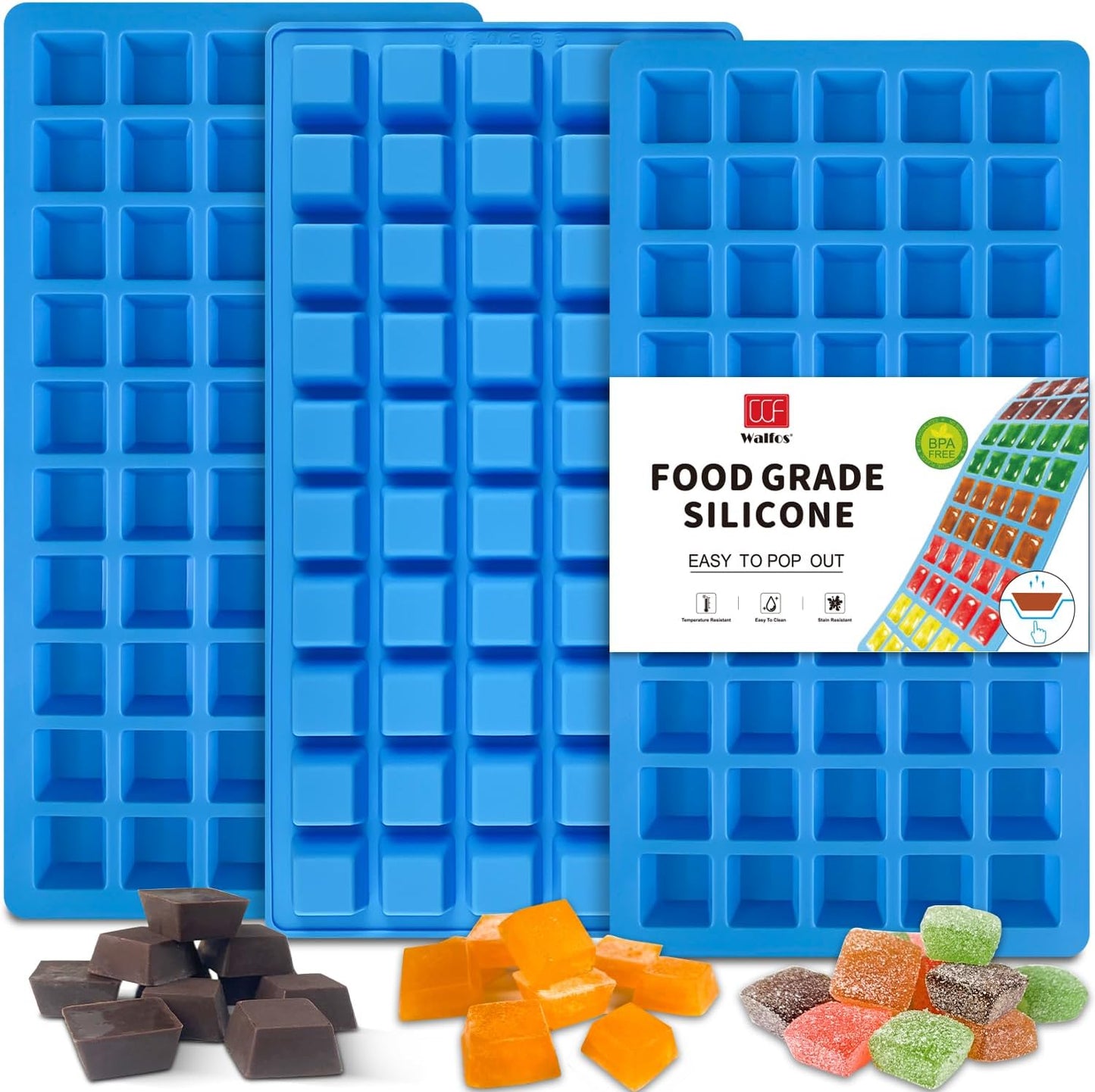 Walfos Mini Square-Terrace Silicone Candy Molds 50 Cavities - Non Stick, Food Grade & Dishwasher Safe, 3 Packs