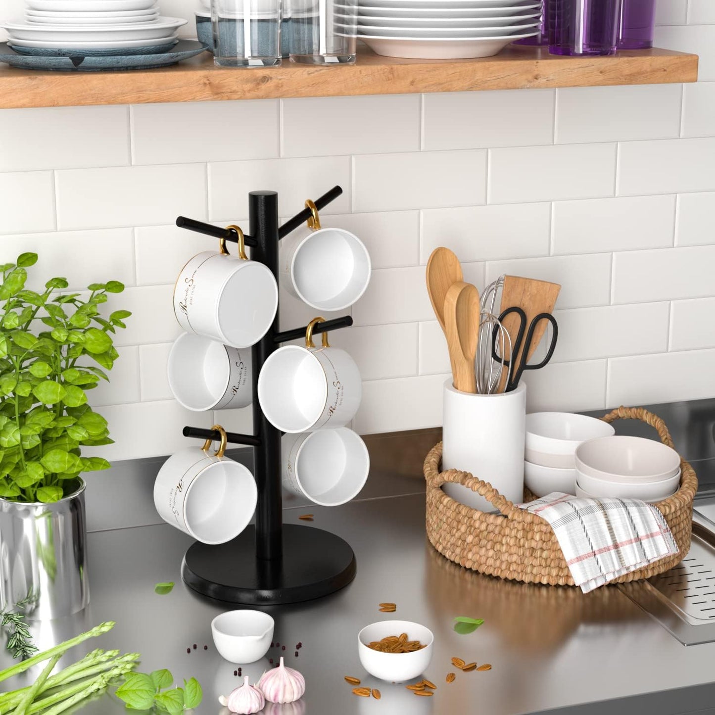 Wisuce Black Coffee Mug Tree Bamboo Mug Holder Coffee Cup Stand Mug Holders for Countertop Coffee Mug Rack Organizer Stand (Black Basic)