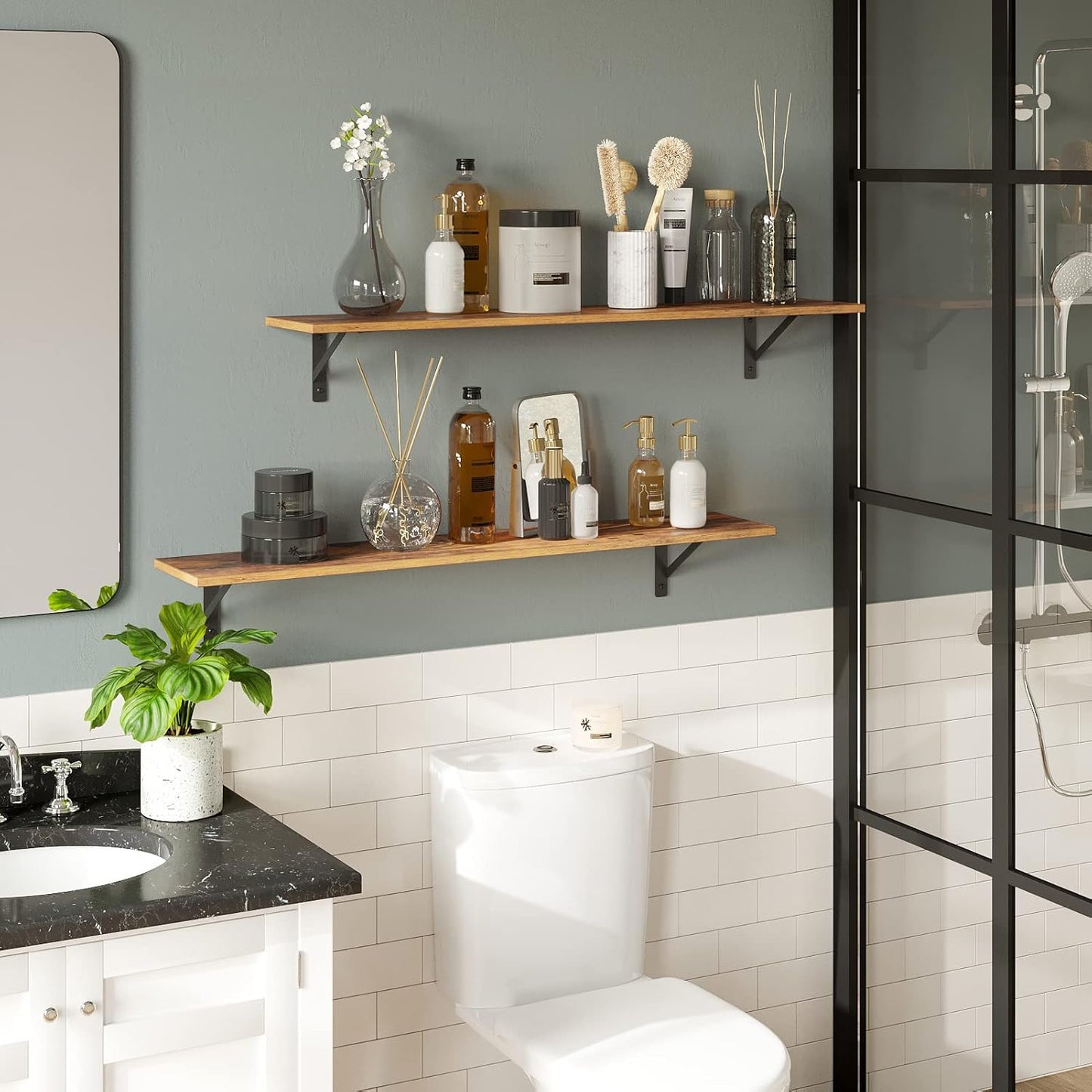 DINZI LVJ Long Wall Shelves, Set of 4, 39.4Inch Wall Mounted Shelves, Extra Large Wall Storage Ledges with Sturdy Metal Brackets for Living Room, Bathroom, Bedroom, Kitchen, Rustic Brown