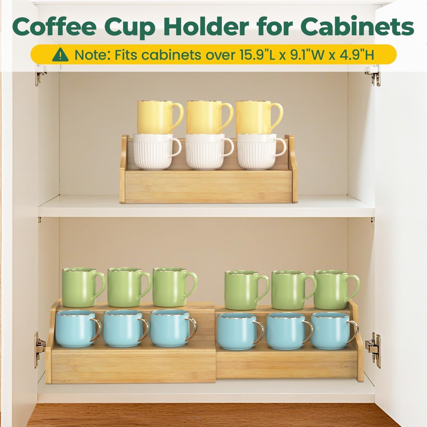 EsLuker.ly Coffee Mug Cup Holder Rack for Cabinets Countertop, 2 Tier Expandable Mug Storage Organizer Bamboo Coffee Bar Station Display Stand Shelf for Kitchen Countertop, No Assembly, More Space