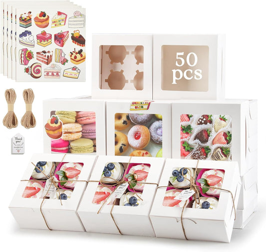 OAMCEG 50 Pack Cookie Boxes with Window 6x6x3 Inches White Cupcake Boxes, Bakery Treat Boxes with Stickers & Twine for Pastry, Desserts, Strawberries, Cupcakes, Gift Giving